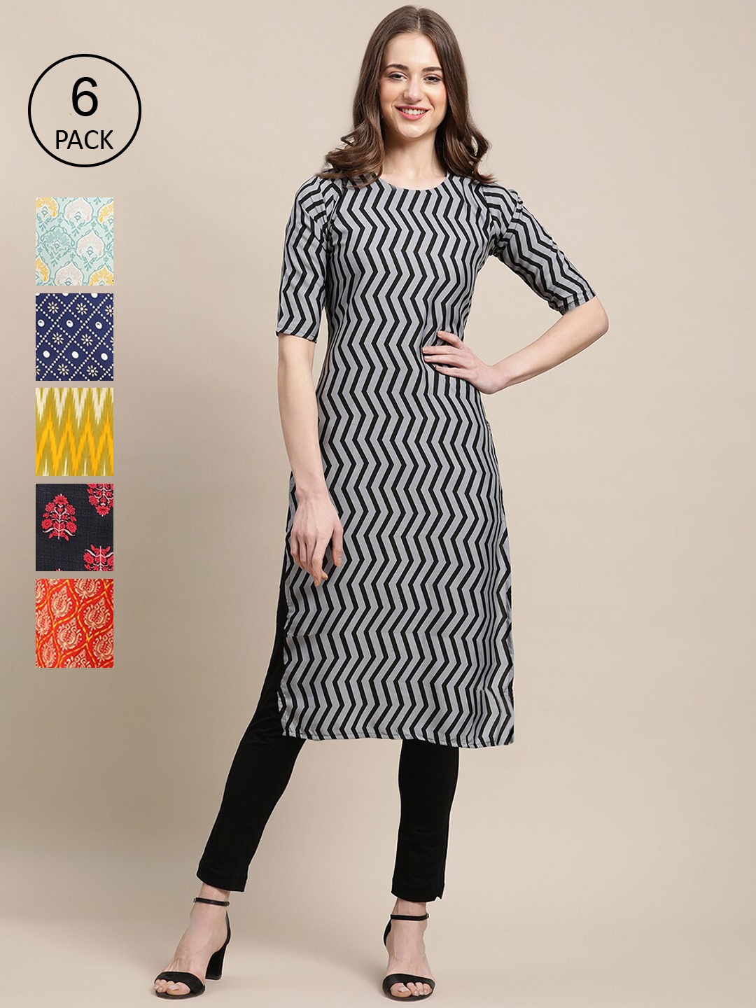 

7Threads Women Pack Of 6 Multicoloured Ethnic motifs Printed Crepe Kurta, Multi