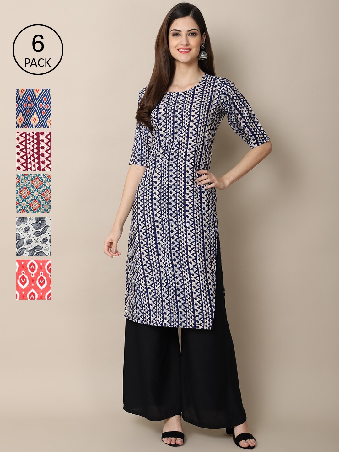 

7Threads Women Pack Of 6 Multicoloured Ethnic motifs Printed Crepe Kurta, Multi