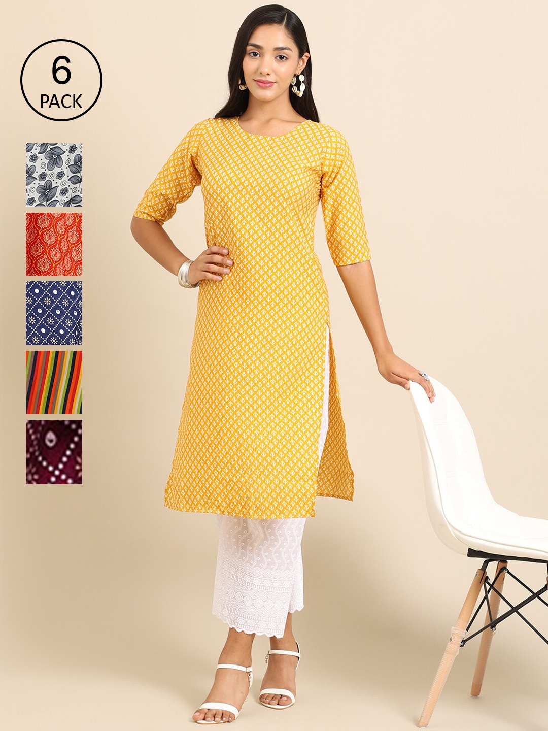 

7Threads Women Pack Of 6 Printed Crepe Kurta, Multi