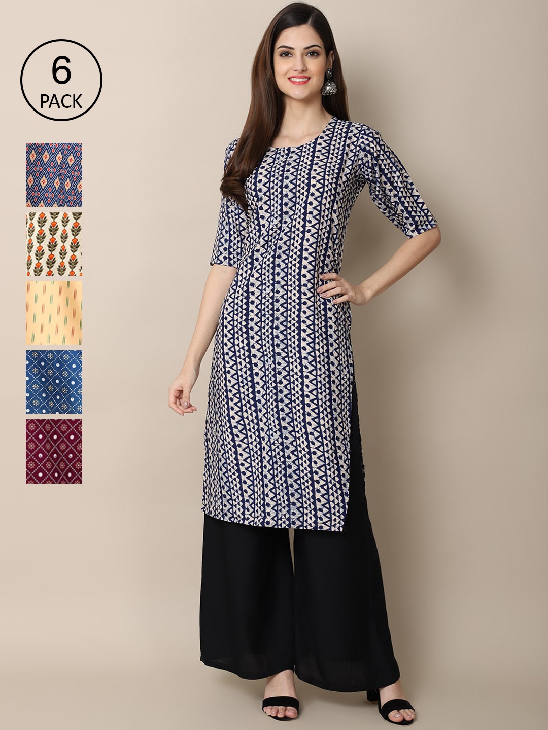 

7Threads Women Pack of 6 Ethnic Motifs Printed Summer Sheers Crepe Kurtas, Yellow