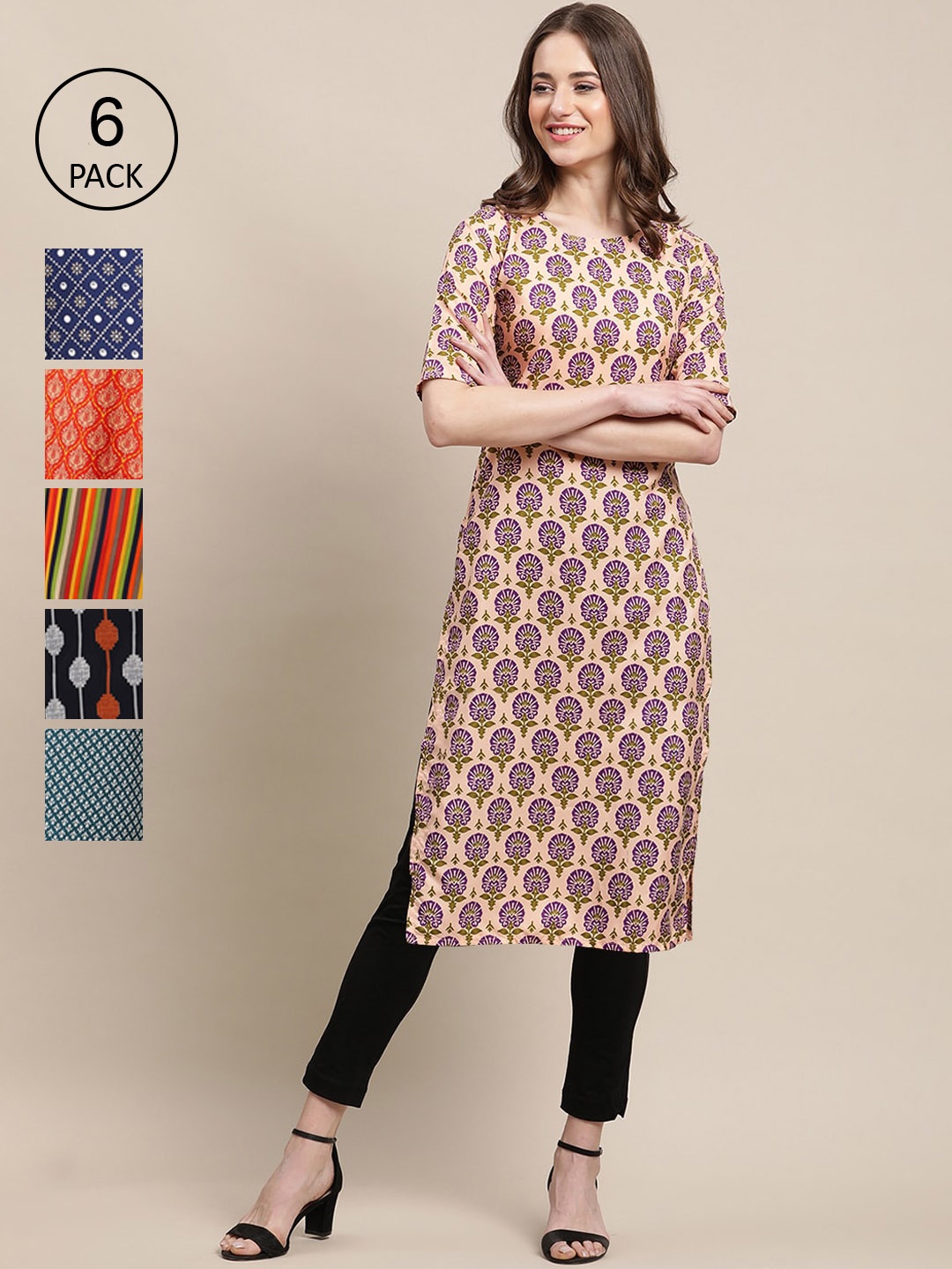 

7Threads Women Pack of 6 Ethnic Motifs Printed Summer Sheers Crepe Kurtas, Peach