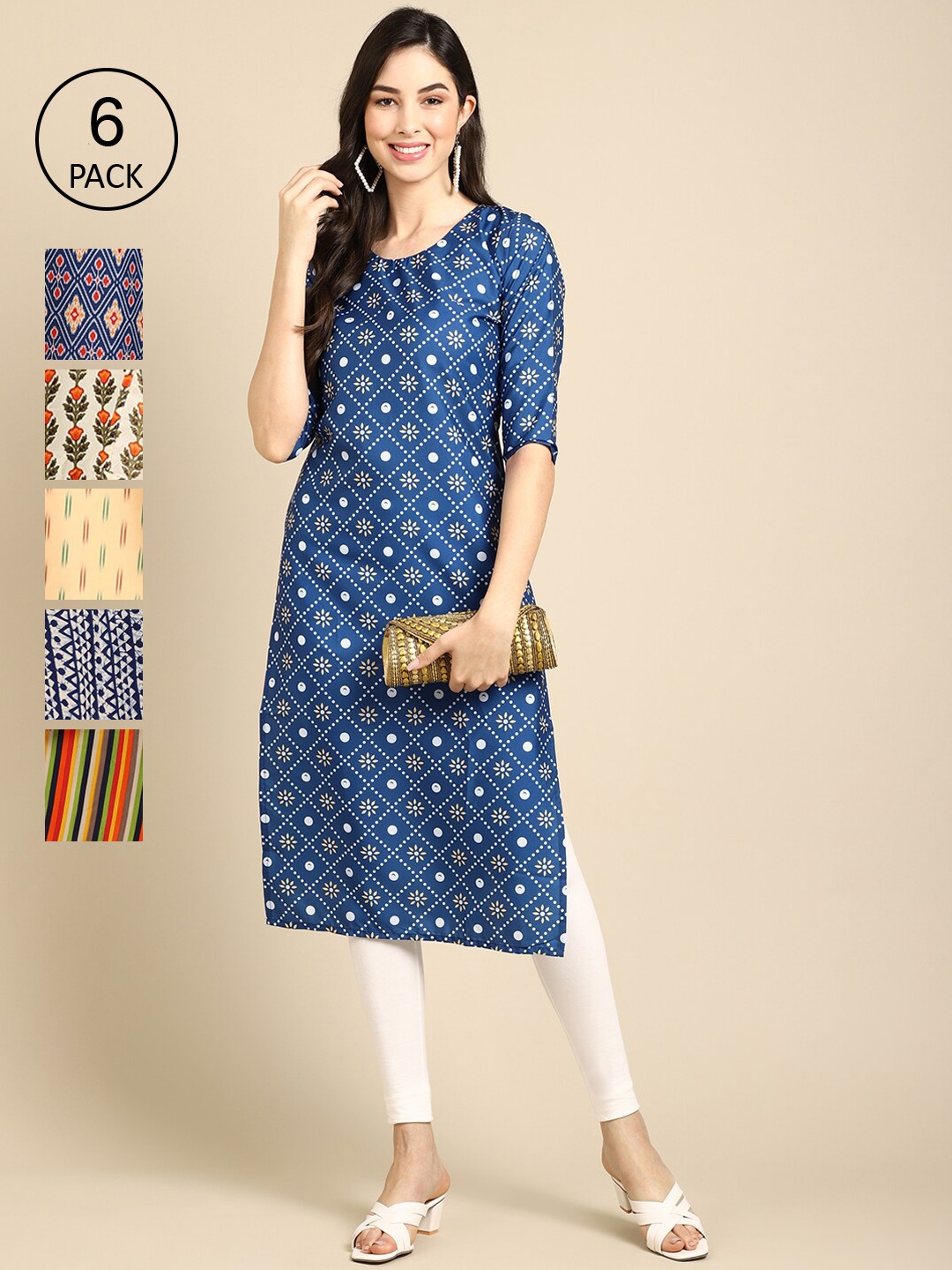 

7Threads Pack Of 6 Women Printed Straight Crepe Kurta, Blue