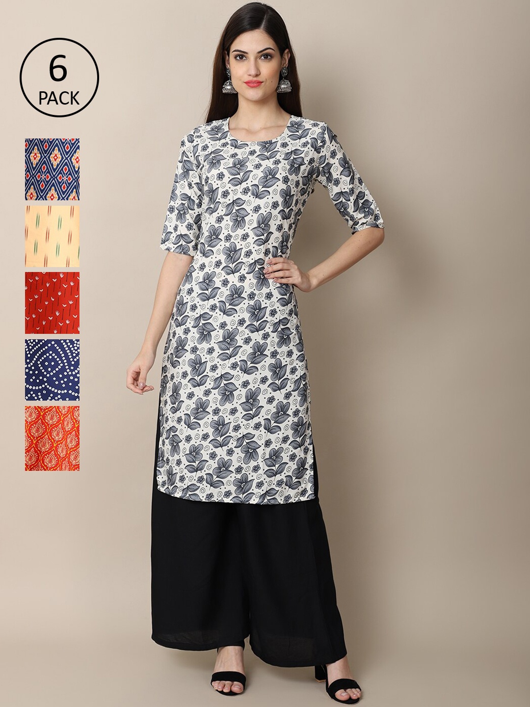 

7Threads Pack Of 6 Women Printed Straight Crepe Kurta, Blue
