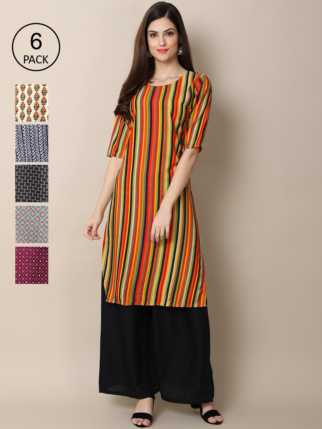 

7Threads Women Pack Of 6 Printed Crepe Straight Kurta, Black