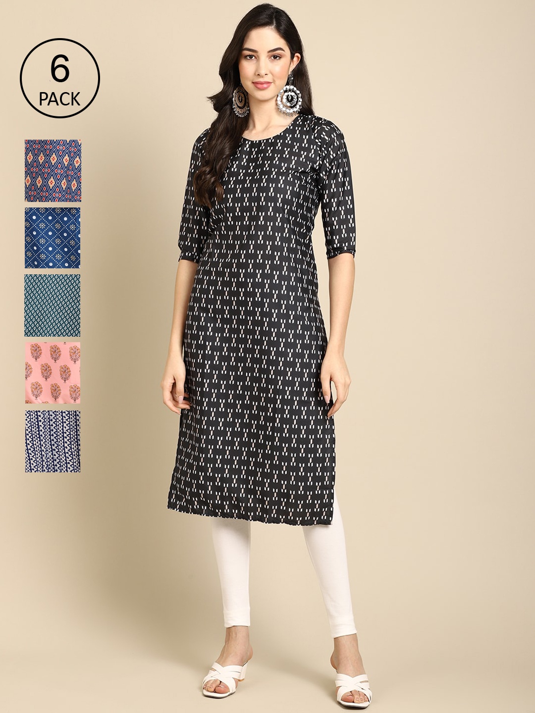 

7Threads Women Pack Of 6 Printed Crepe Straight Kurta, Blue