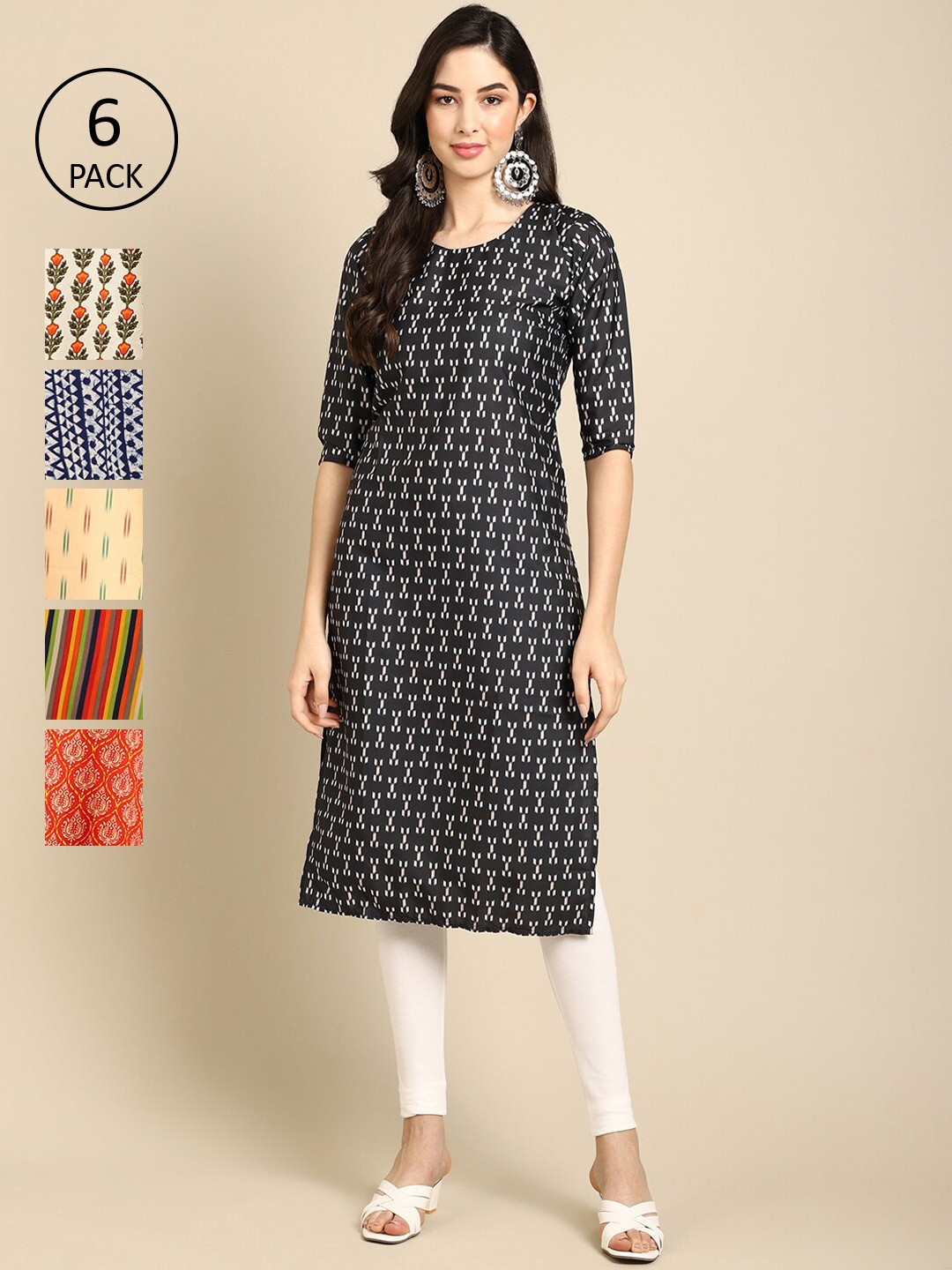 

7Threads Women Pack Of 6 Printed Crepe Straight Kurta, Black