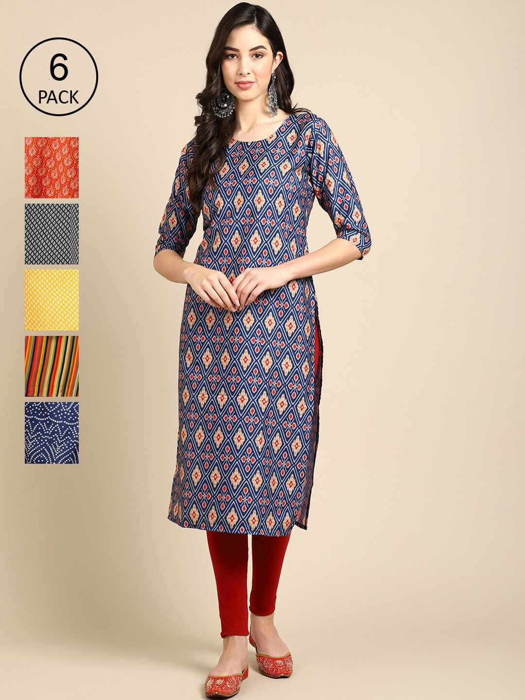 

7Threads Women Pack of 6 Blue & Yellow Ethnic Motifs Printed Crepe Kurta
