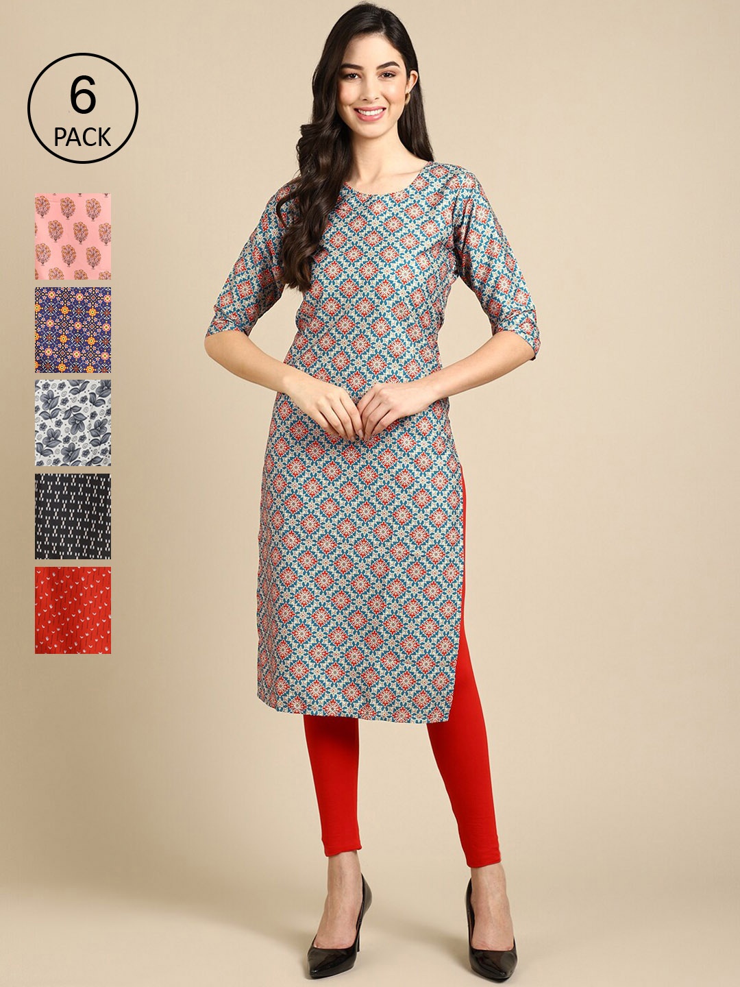 7Threads Women Pack of 6 Blue & Black Ethnic Motifs Printed Crepe Kurta