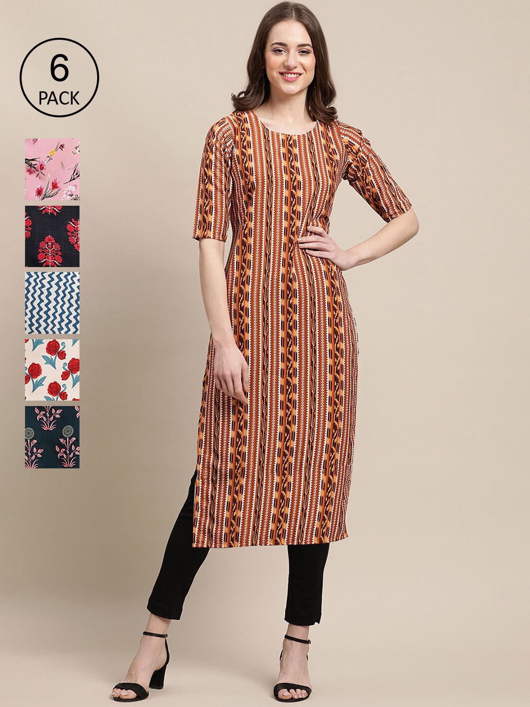 

7Threads Women Pack of 6 Digital Printed Crepe Straight Kurtas, Red