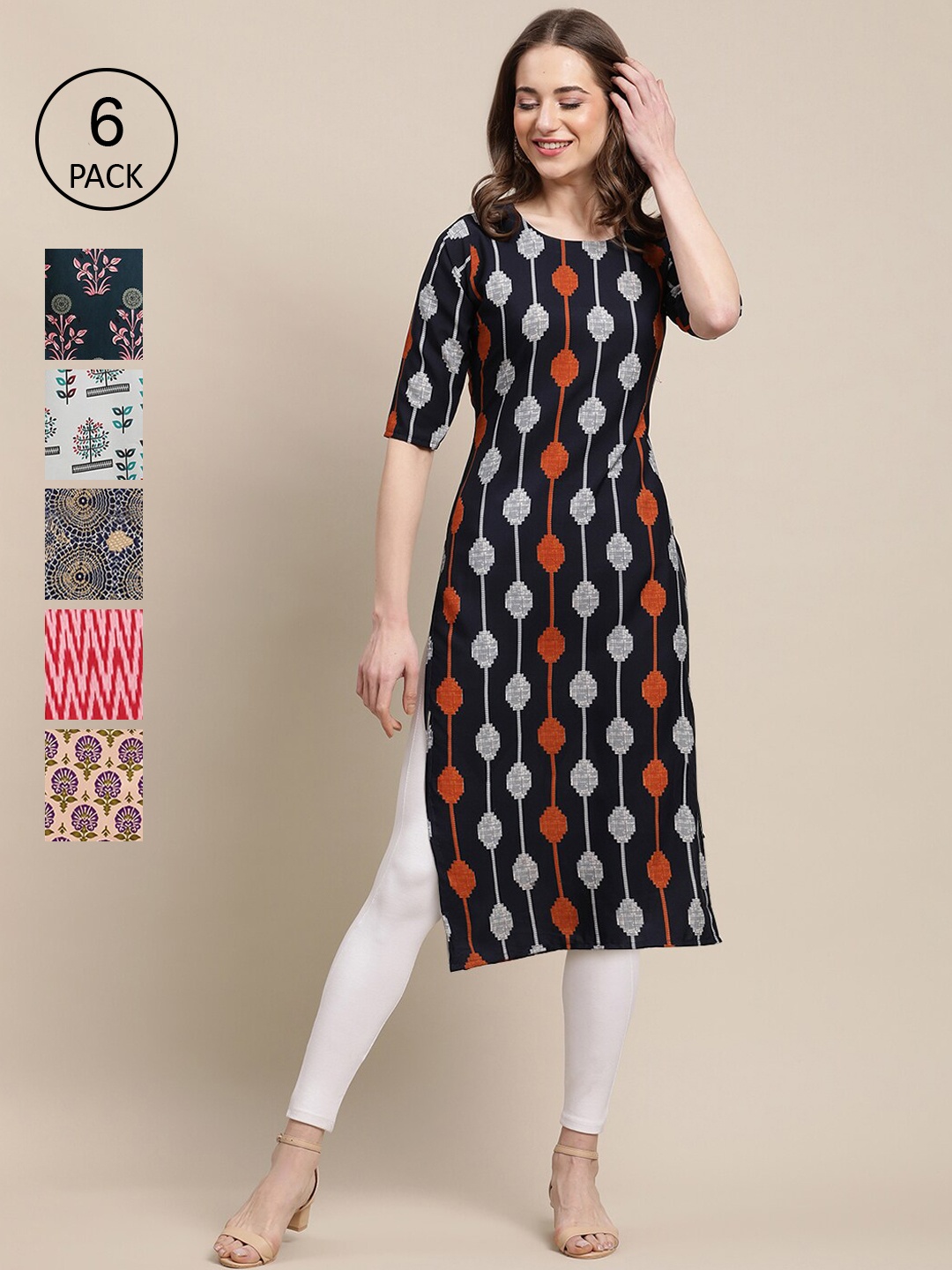 

7Threads Pack of 6 Women Green & Peach-Coloured Floral Crepe Kurta