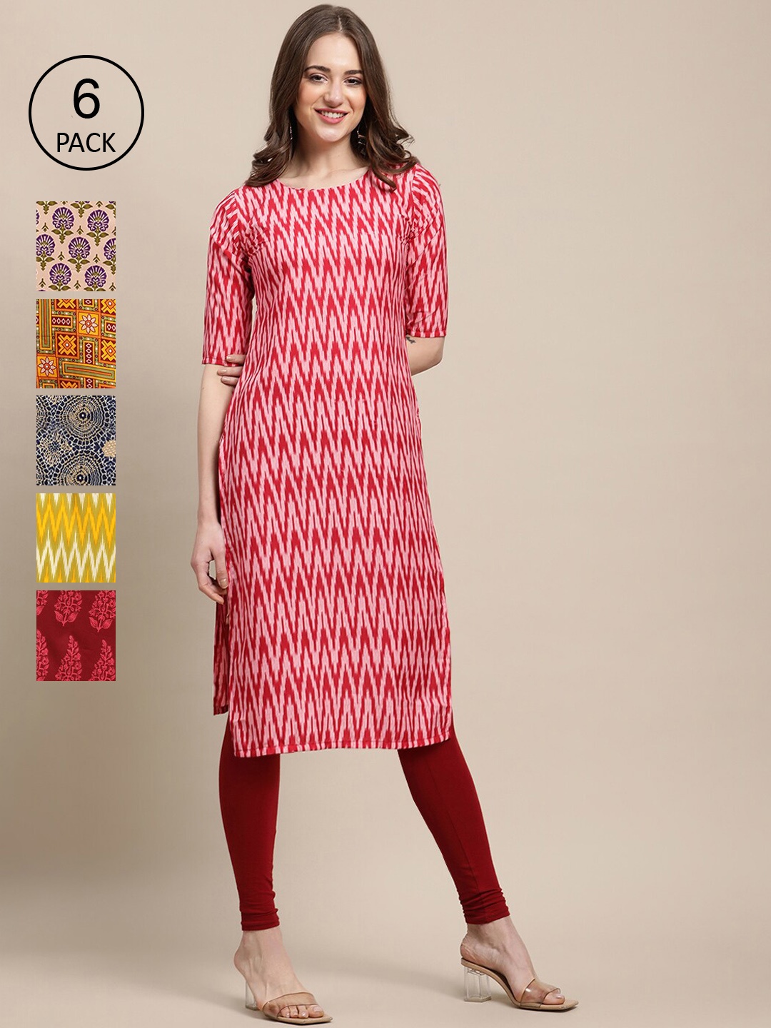 

7Threads Pack Of 6 Women Red & Yellow Geometric Printed Crepe Kurta