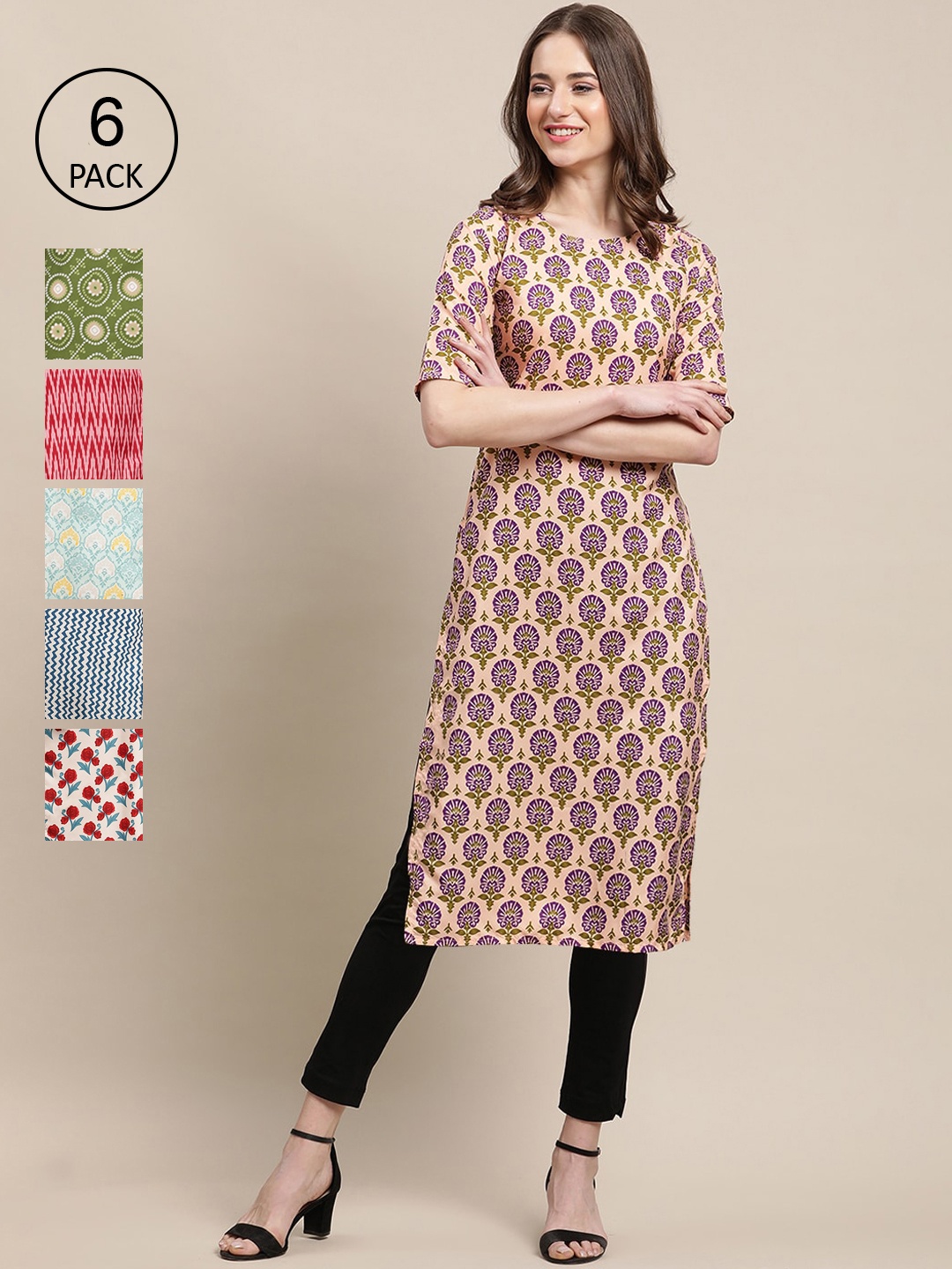 

7Threads Women Pack of 6 Digital Printed Crepe Straight Kurtas, Beige