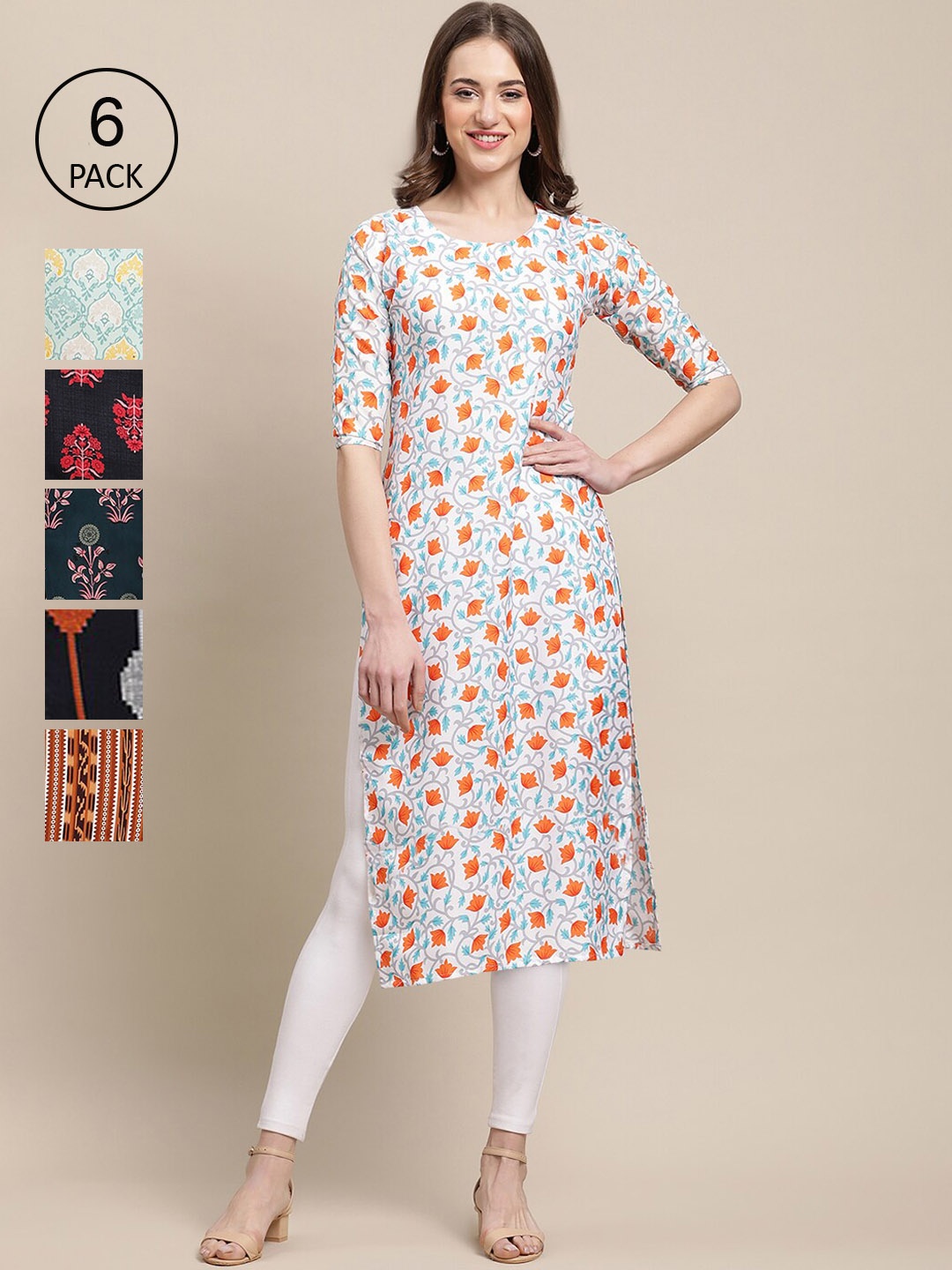 

7Threads Women Black & Blue Pack Of 6 Ethnic Motifs Printed Crepe Kurta