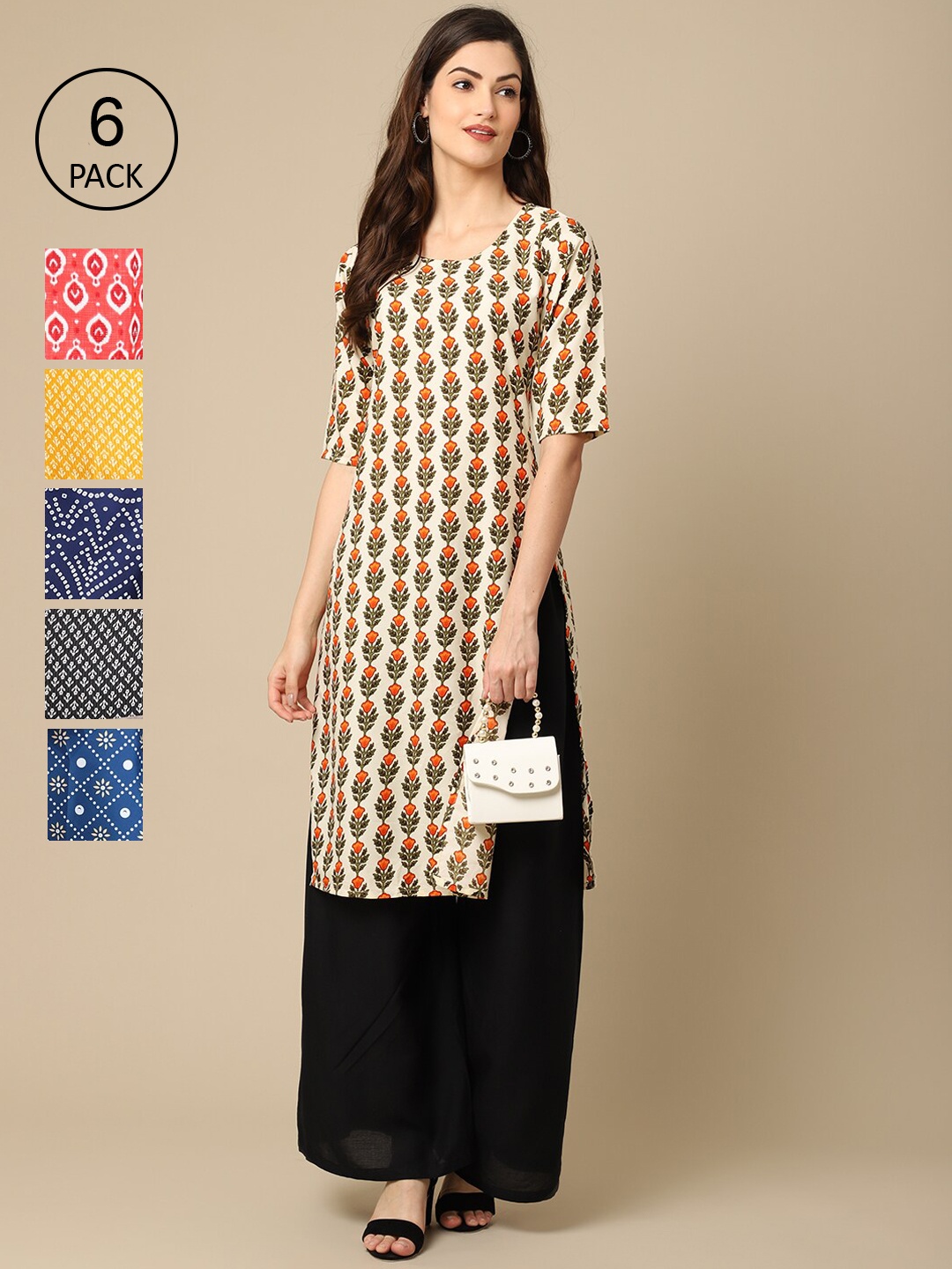 

7Threads Women Yellow & Blue Pack Of 6 Geometric Printed Summer Sheers Crepe Kurta