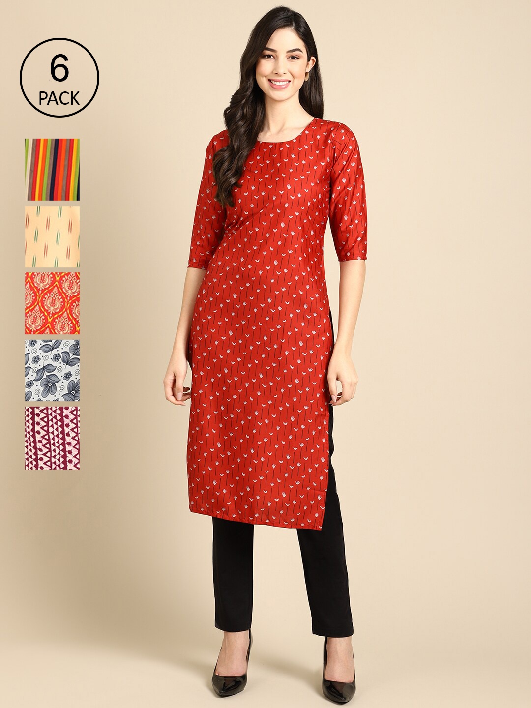 

7Threads Pack of 6 Women Yellow & White Floral Printed Crepe Kurta