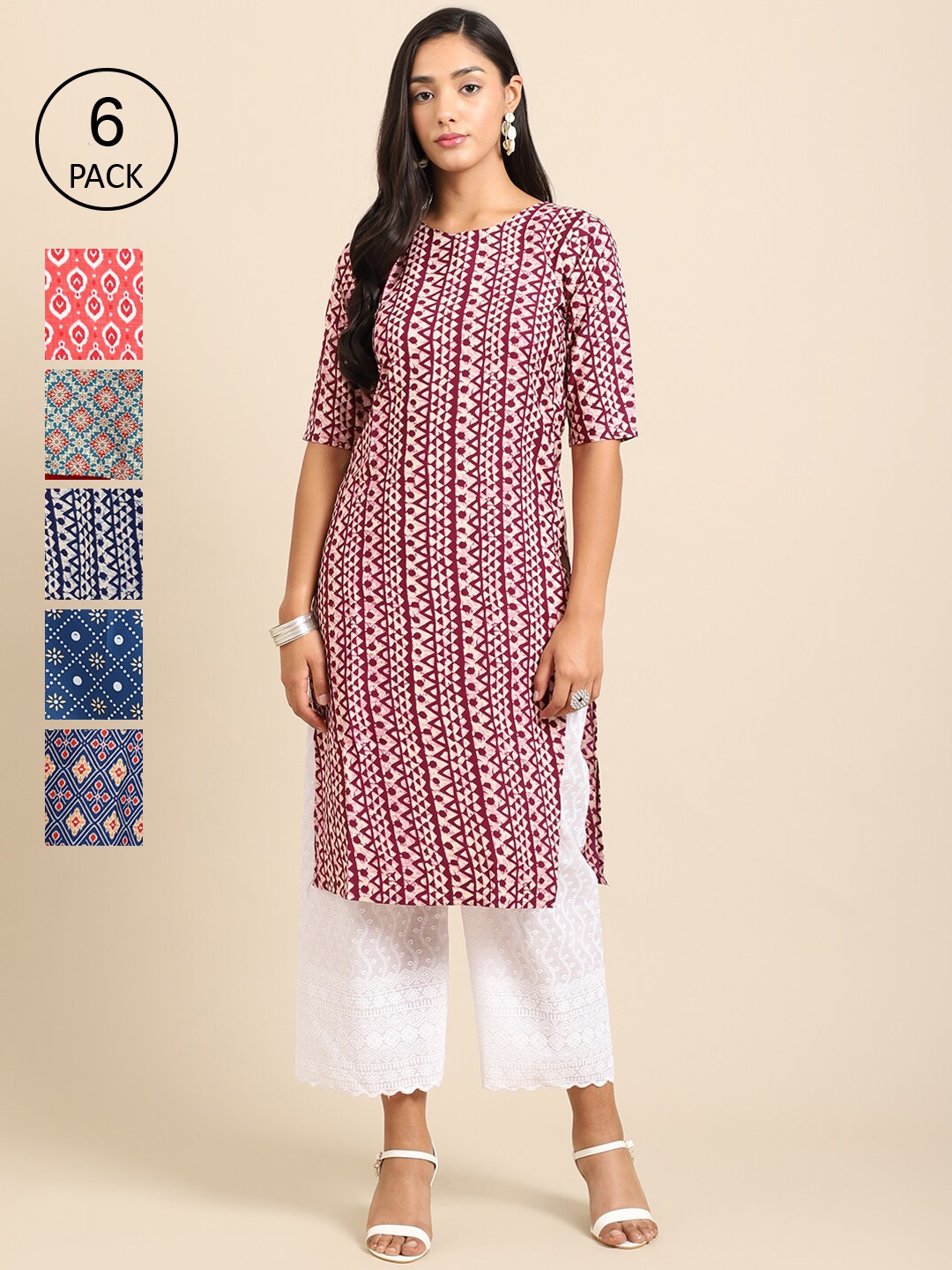 

7Threads Pack of 6 Women Blue & Peach Ethnic Motifs Printed Crepe Kurta