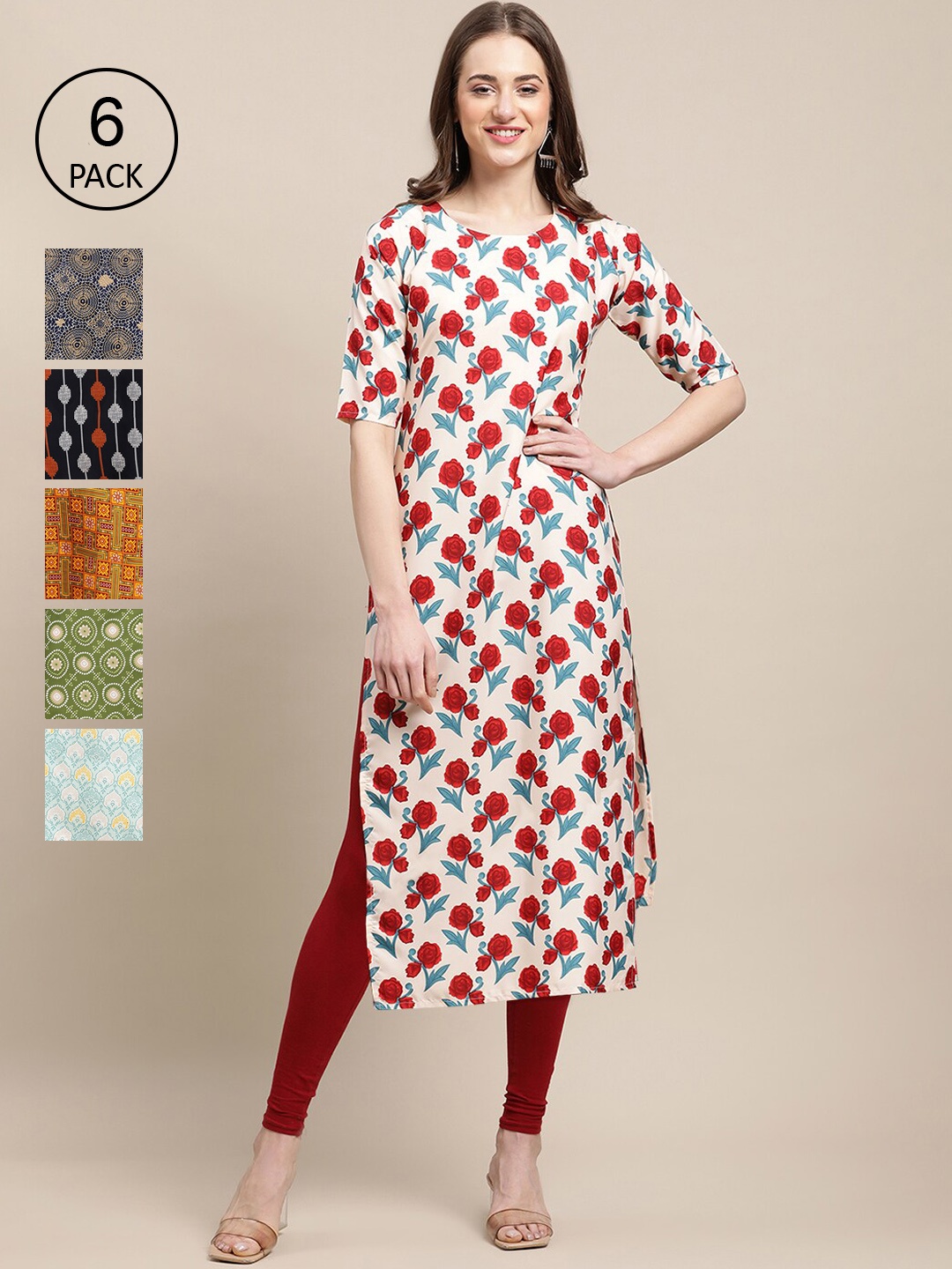 

7Threads Women Pack Of 6 White & Grey Floral Printed Crepe Kurta