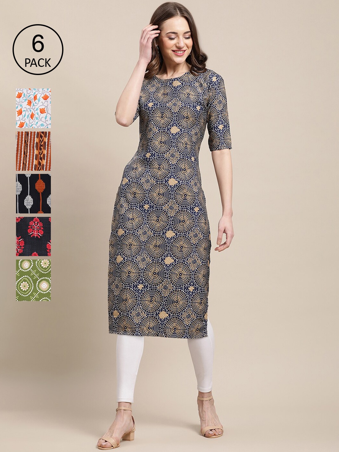 7Threads Women Pack Of 6 Blue & White Floral Printed Crepe Kurta