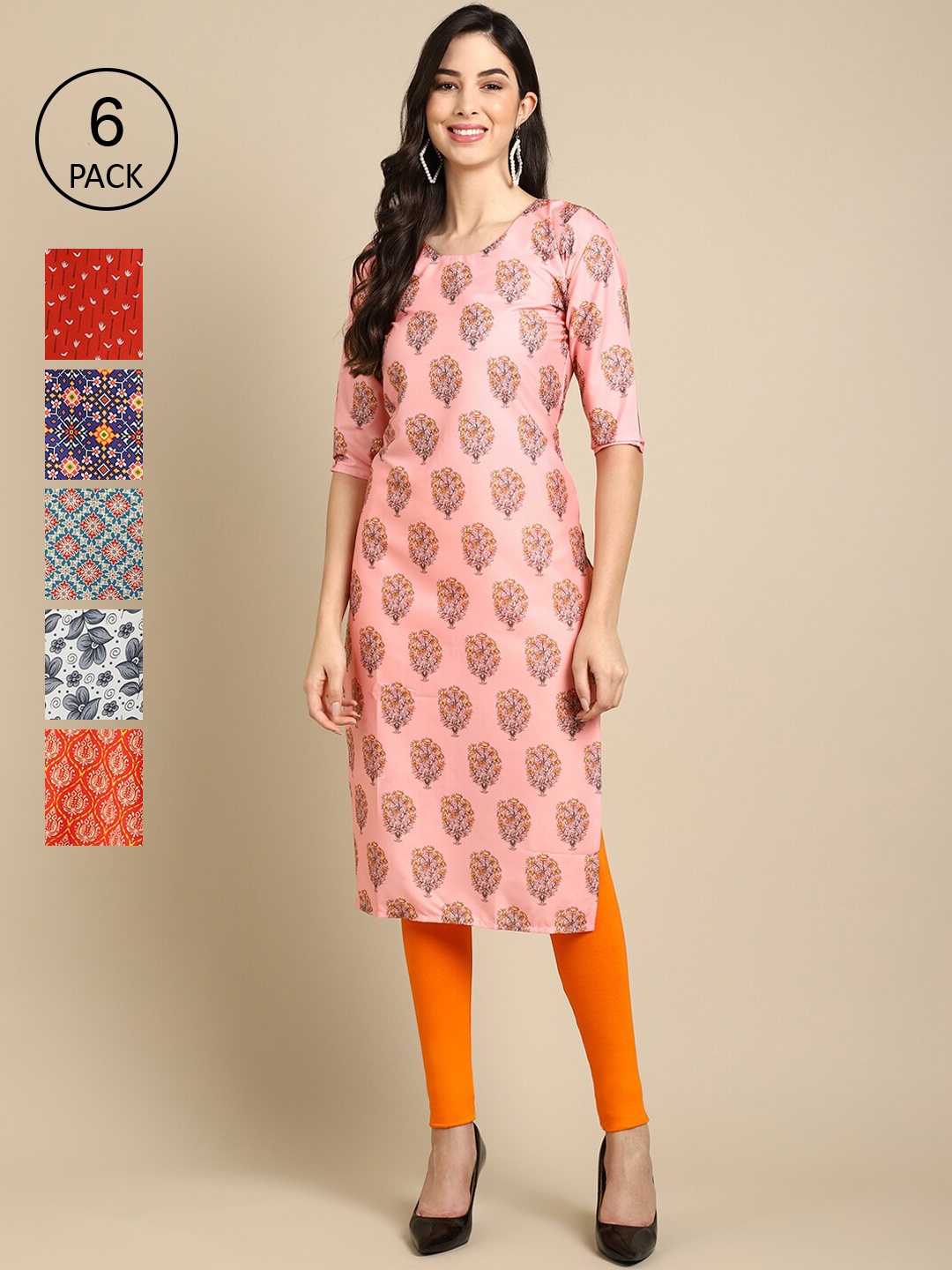 7Threads Women Pack of 6 Crepe Kurta, Red