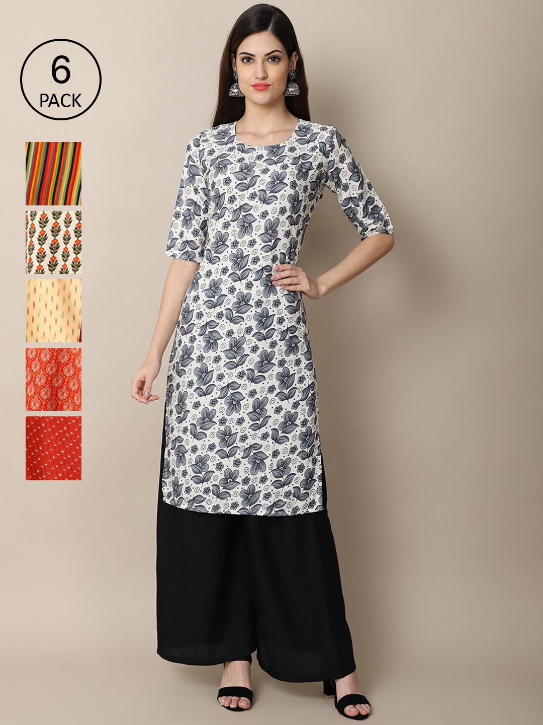 7Threads Women Pack of 6 Crepe Kurta, Black
