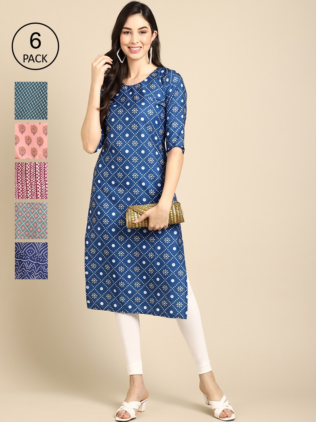 

7Threads Women Pack Of 6 Geometric Printed Crepe Kurta, Peach