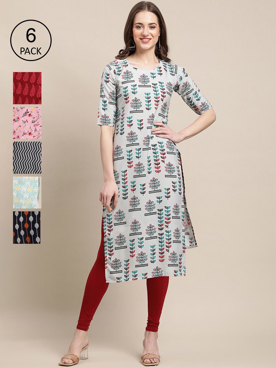 7Threads Women Pack of 6 Ethnic Motifs Printed Crepe Kurta, Red