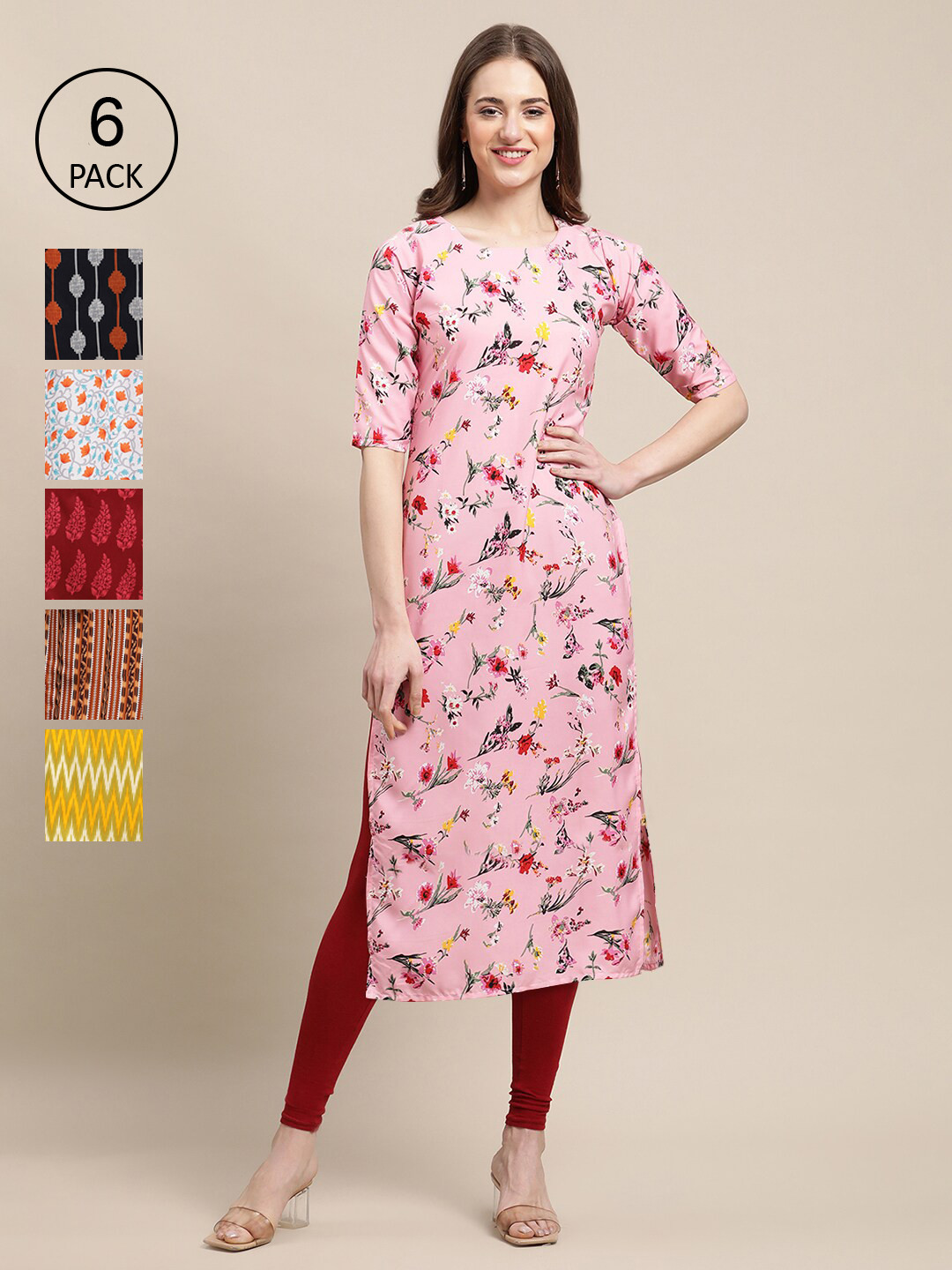 

7Threads Women Pack Of 6 Multicoloured Ethnic Motifs Printed Crepe Kurta, Multi