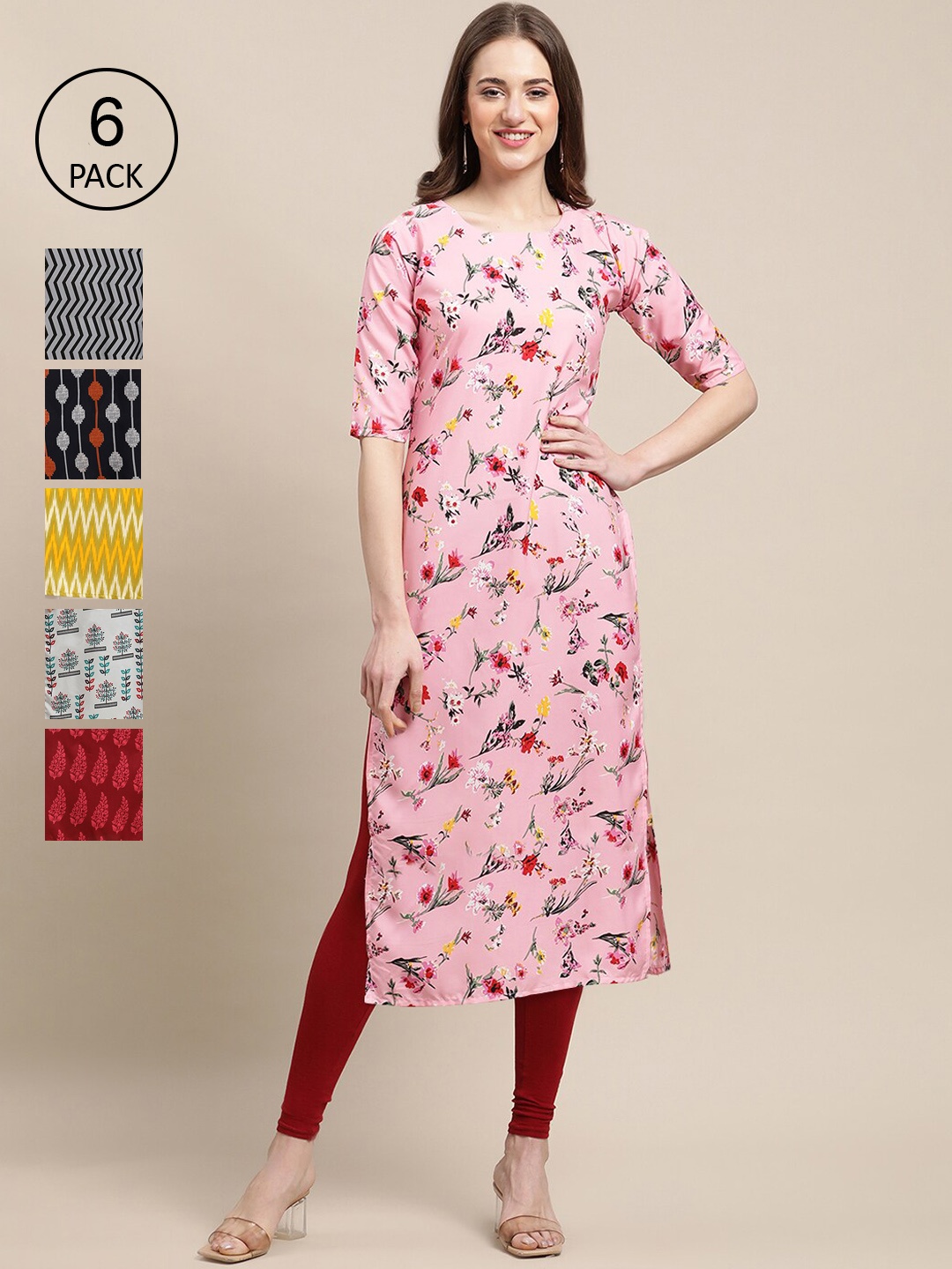 

7Threads Women Pack Of 6 Ethnic Motifs Summer Sheers Crepe Kurta, Pink
