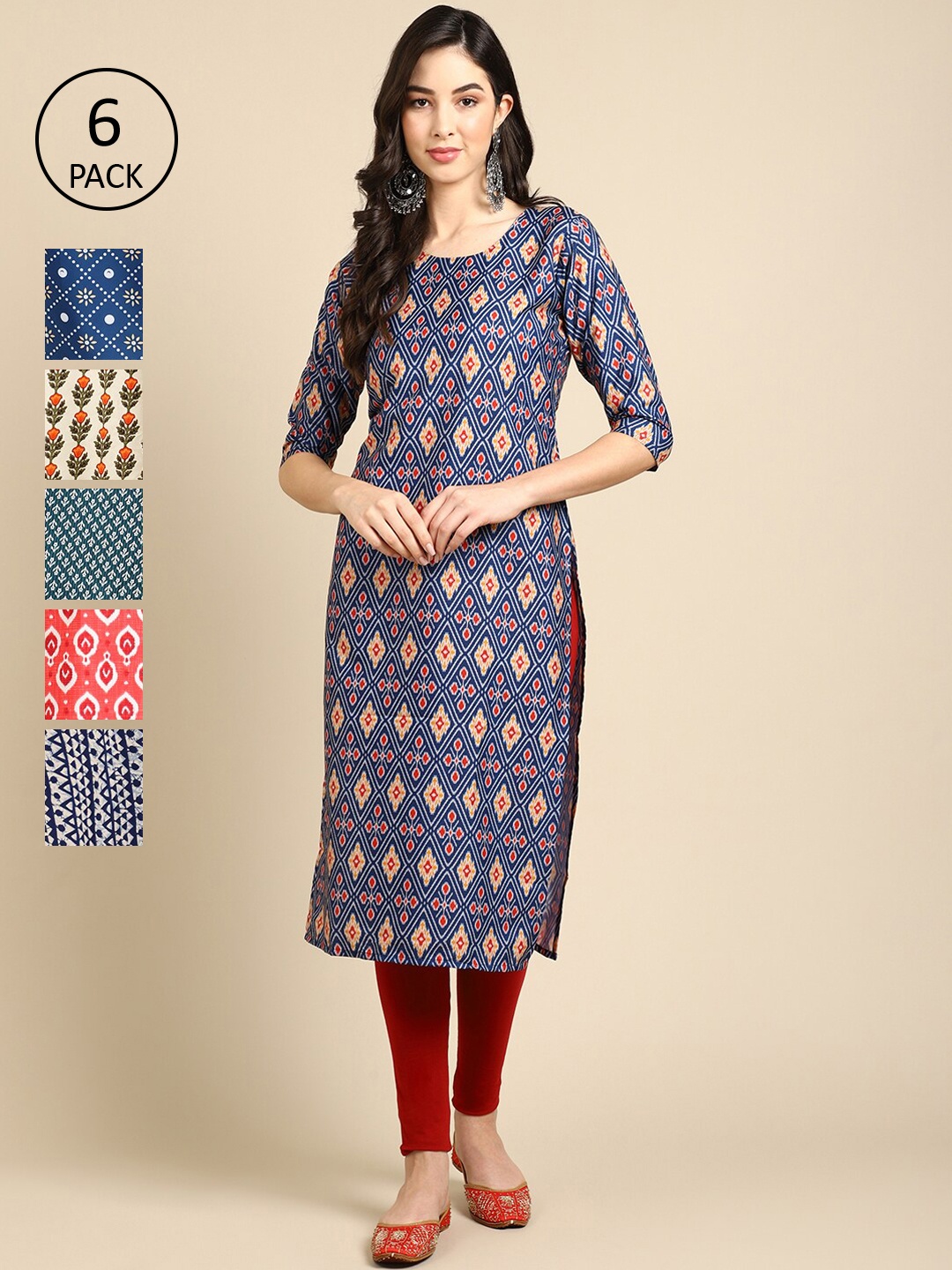 

7Threads Women Pack Of 6 Ethnic Motifs Printed Crepe Kurta, Blue
