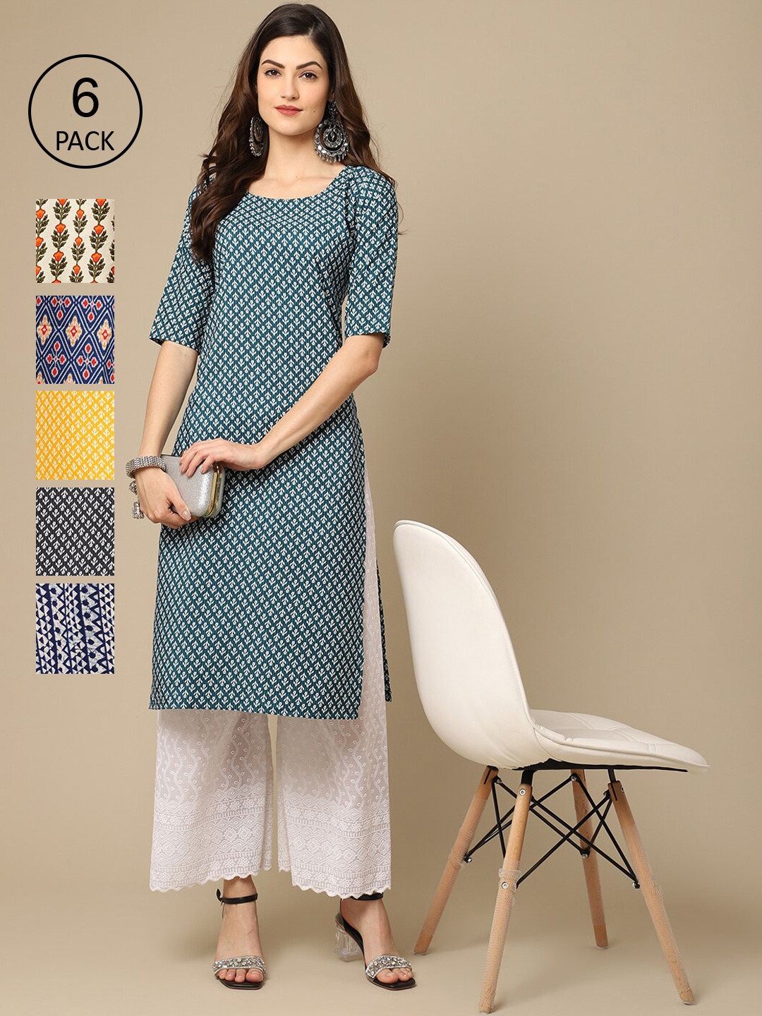

7Threads Women Pack of 6 Geometric Printed Summer Sheers Crepe Kurta, Black
