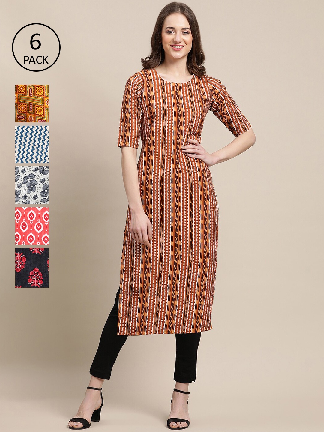 7Threads Women Red & Blue Pack Of 6 Geometric Printed Crepe Kurtas
