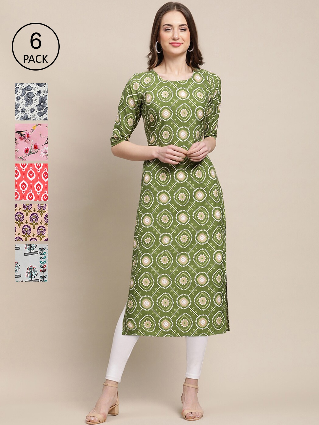 

7Threads Women Green & Blue Pack Of 6 Floral Printed Crepe Kurtas