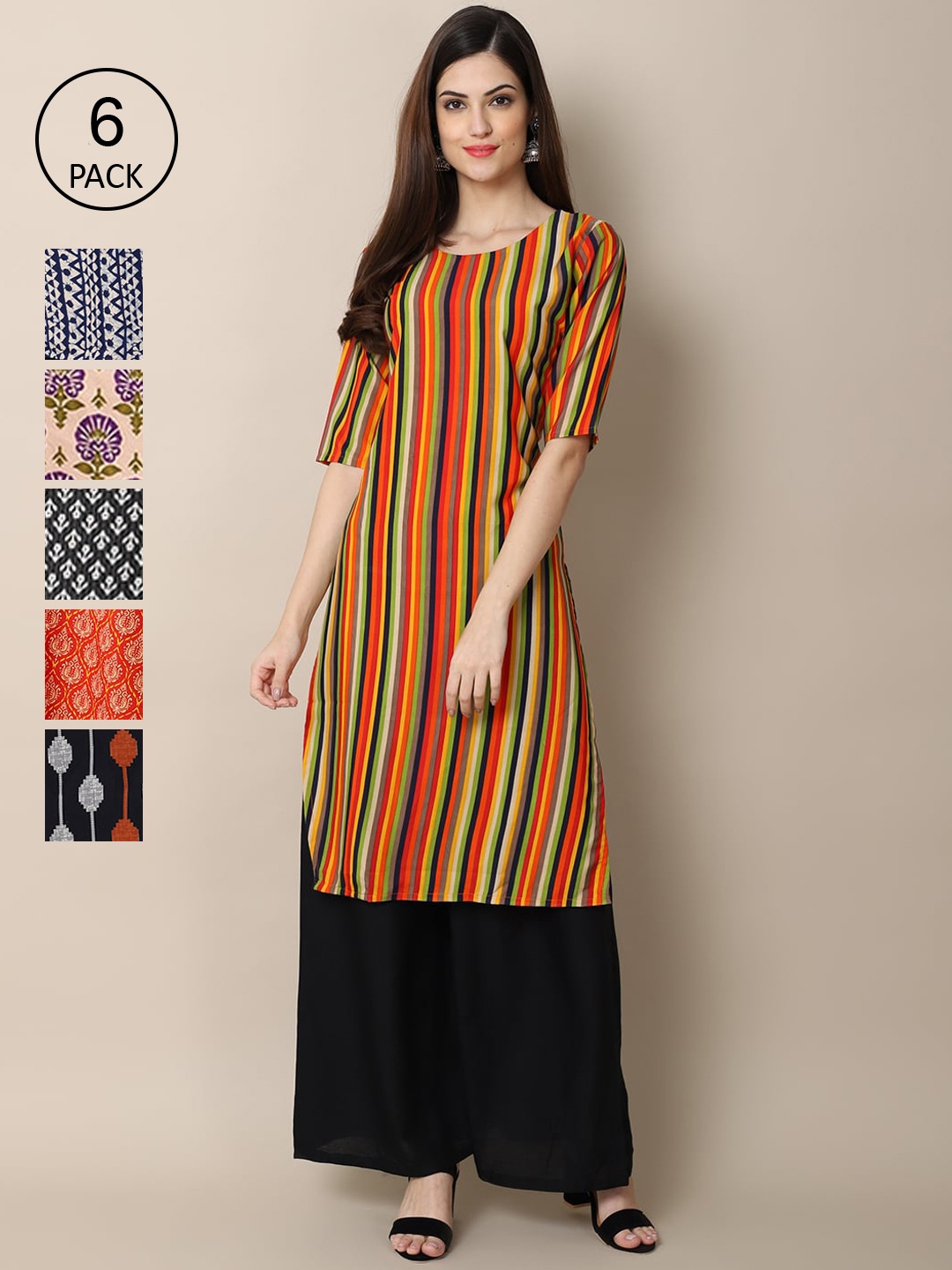 

7Threads Pack Of 6 Women Printed Crepe Kurta, Black