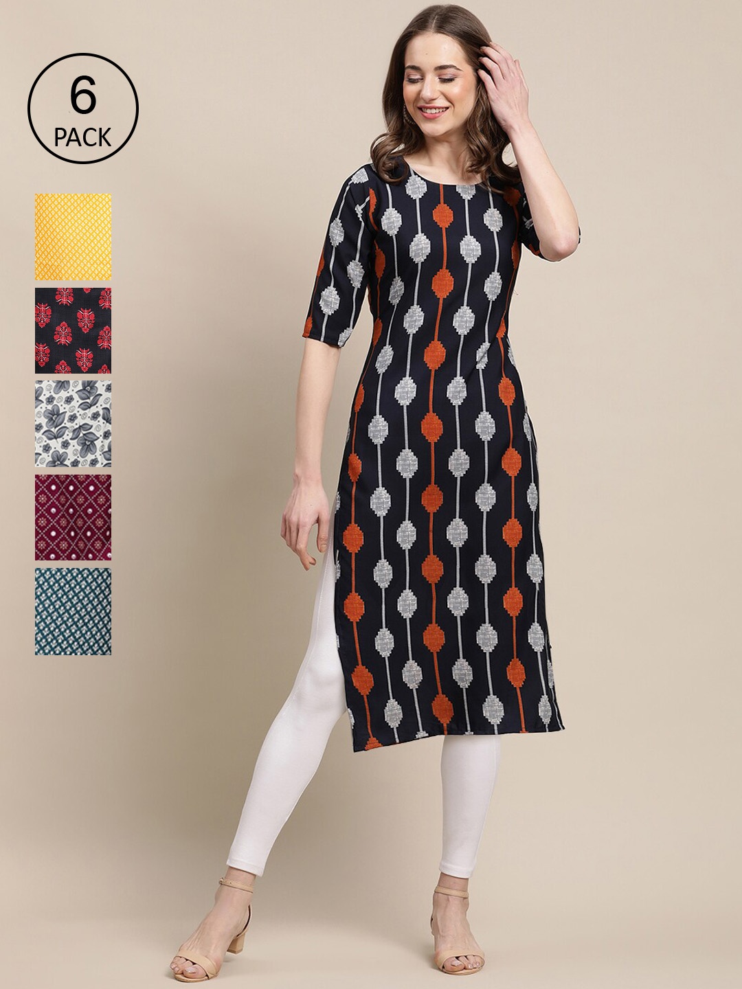 

7Threads Pack Of 6 Women Printed Crepe Kurta, Black