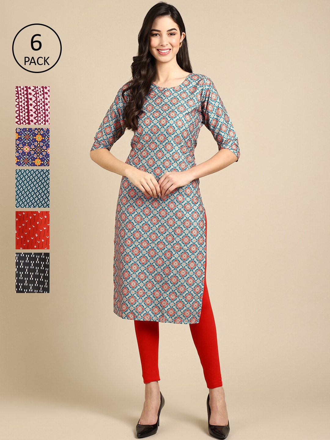 

7Threads Pack of 6 Women Printed Straight Crepe Kurta, Multi