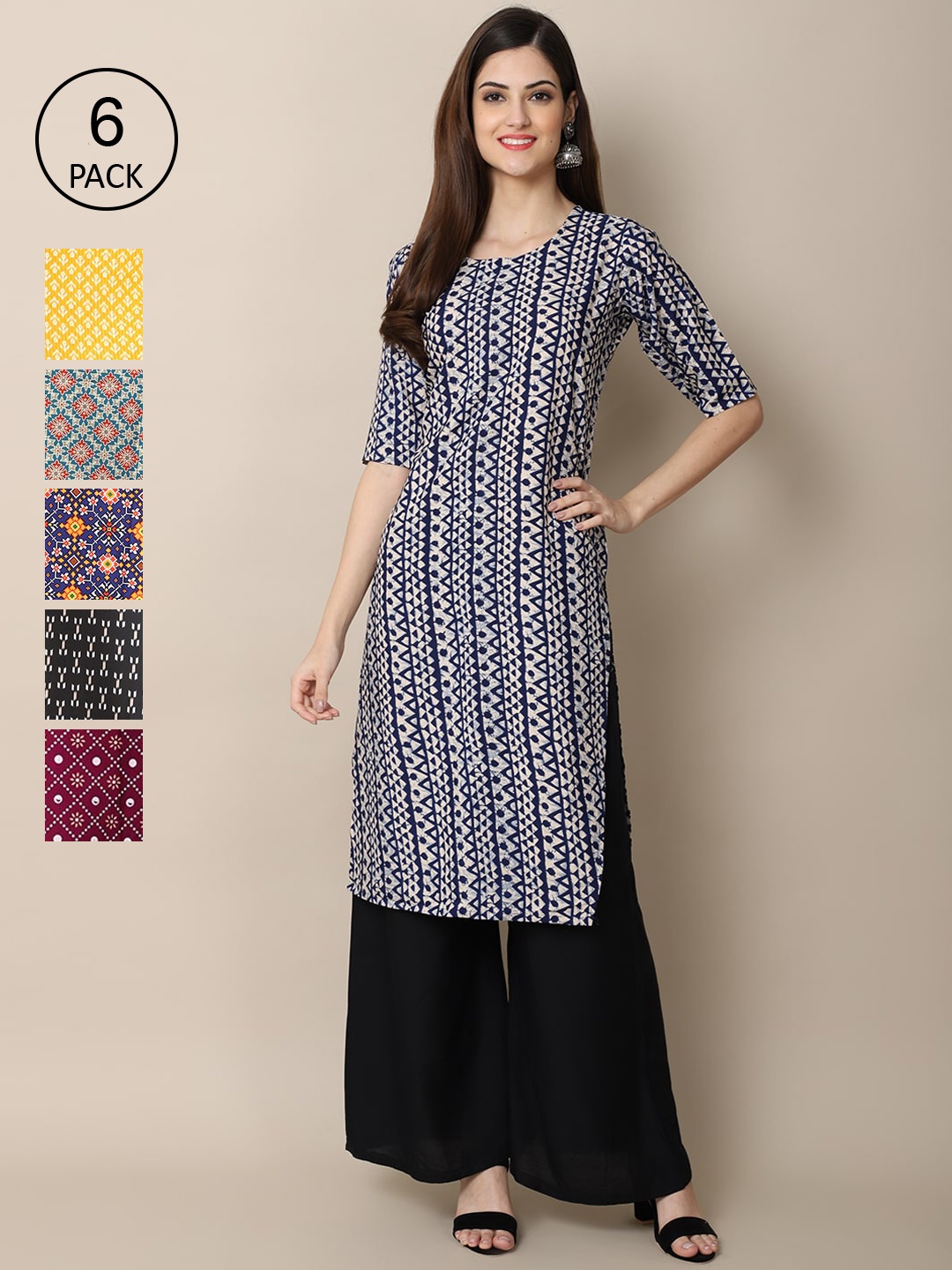 

7Threads Pack of 6 Women Printed Straight Crepe Kurta, Multi