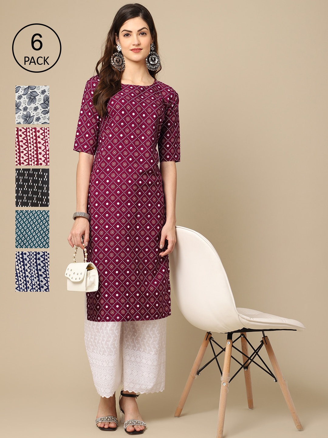 

7Threads Women Pack Of 6 Multicoloured Geometric Printed Summer Sheers Crepe Kurta, Multi