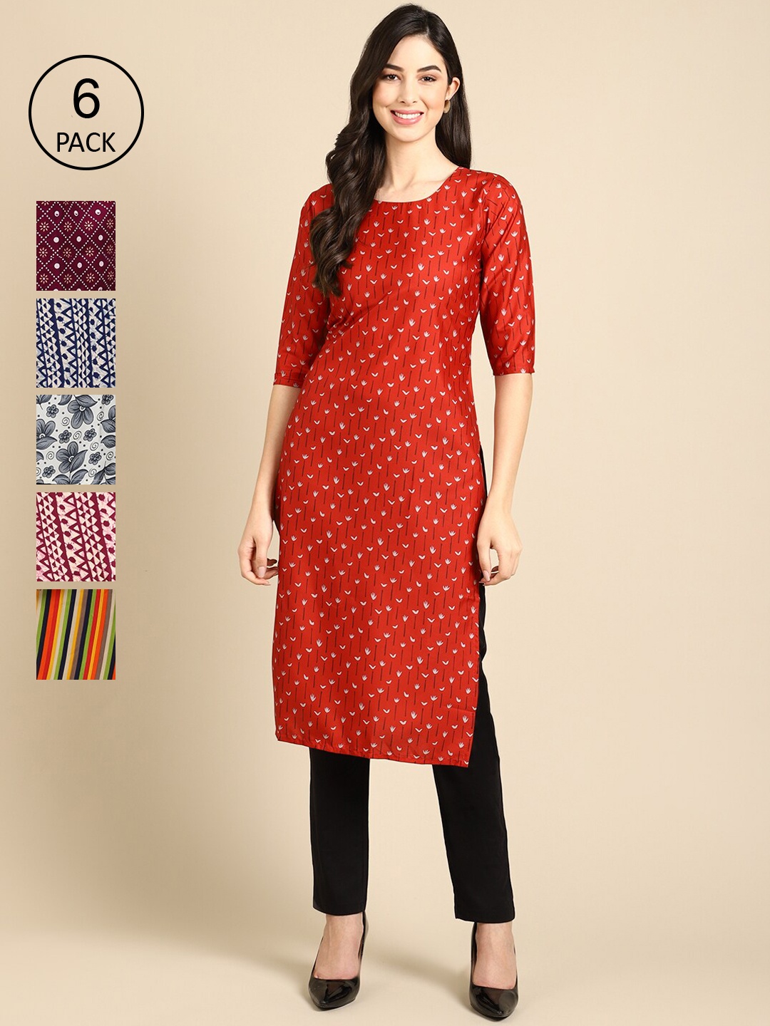 

7Threads Women Pack of 6 Red & Magenta Geometric Printed Crepe Kurta