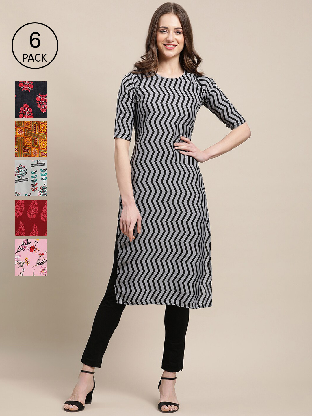 

7Threads Women Pack of 6 Black & Blue Floral Checked Crepe Kurta