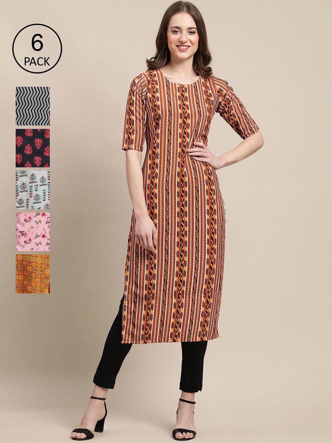 

7Threads Women Set Of 6 Yellow & Pink Floral Printed Crepe Kurta