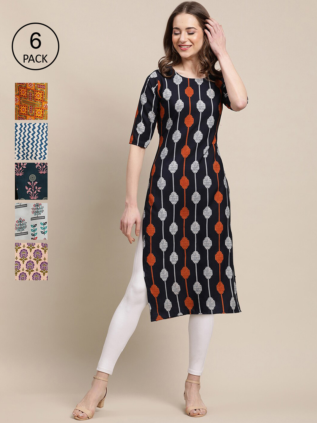

7Threads Women Set Of 6 Multicoloured Ethnic Motifs Printed Crepe Kurta, Multi
