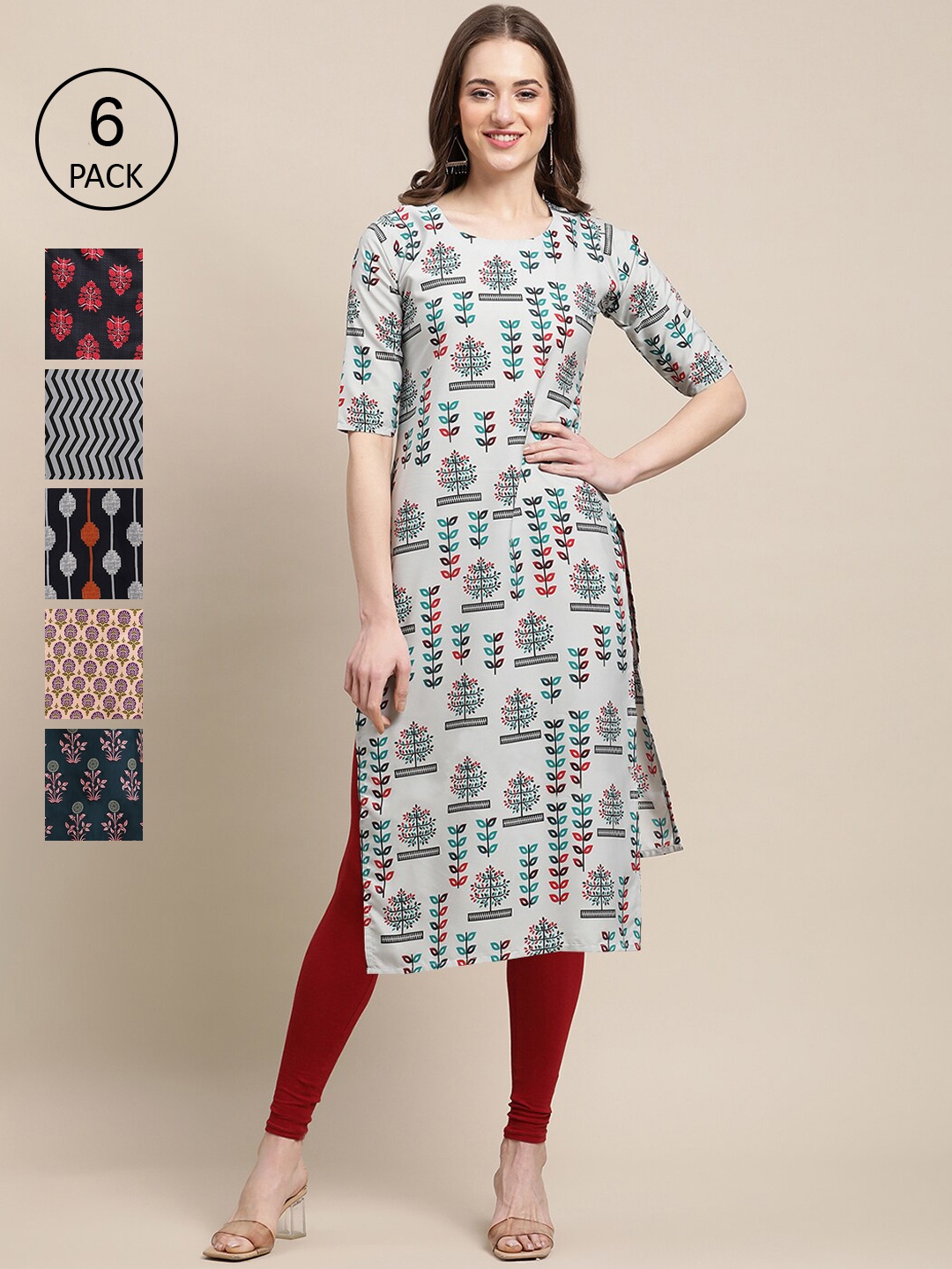 

7Threads Women Pack Of 6 Green & Red Geometric Printed Crepe Kurta