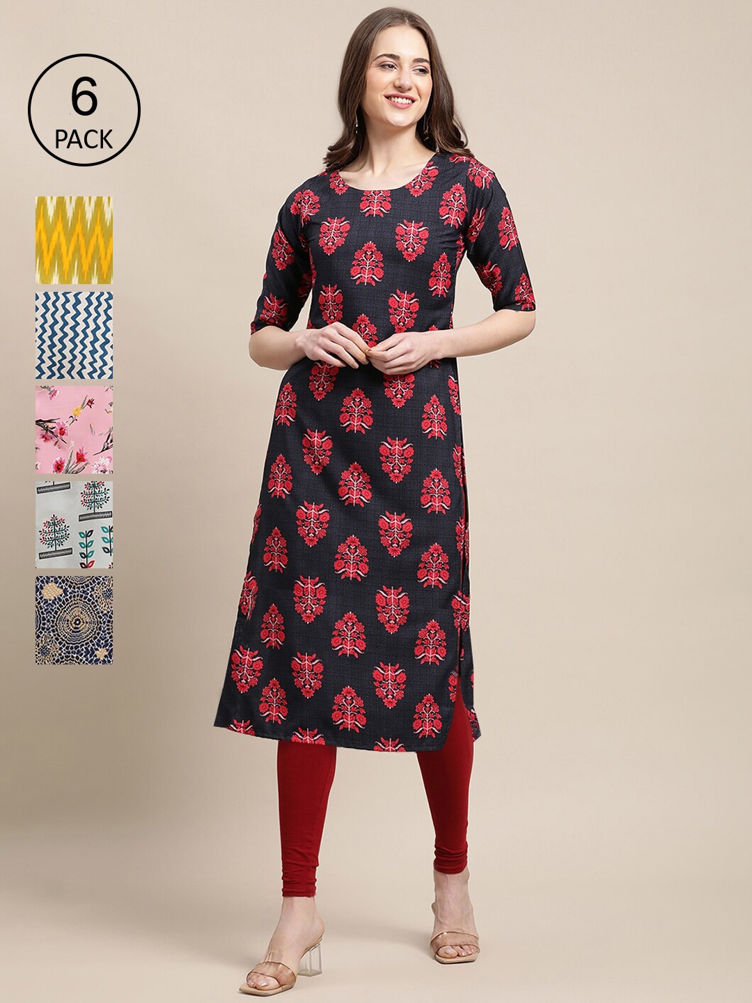 

7Threads Women Pack Of 6 Red & Green Floral Printed Crepe Kurta
