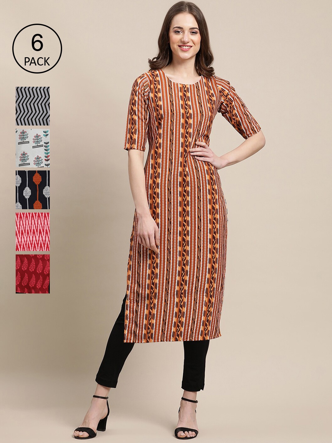 

7Threads Women Pack of 6 Printed Crepe Kurta, Brown