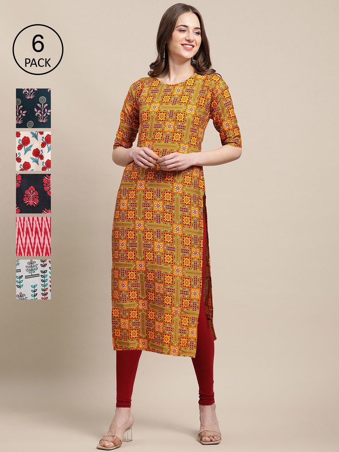 

7Threads Women Pack of 6 Printed Crepe Kurtas, Mustard