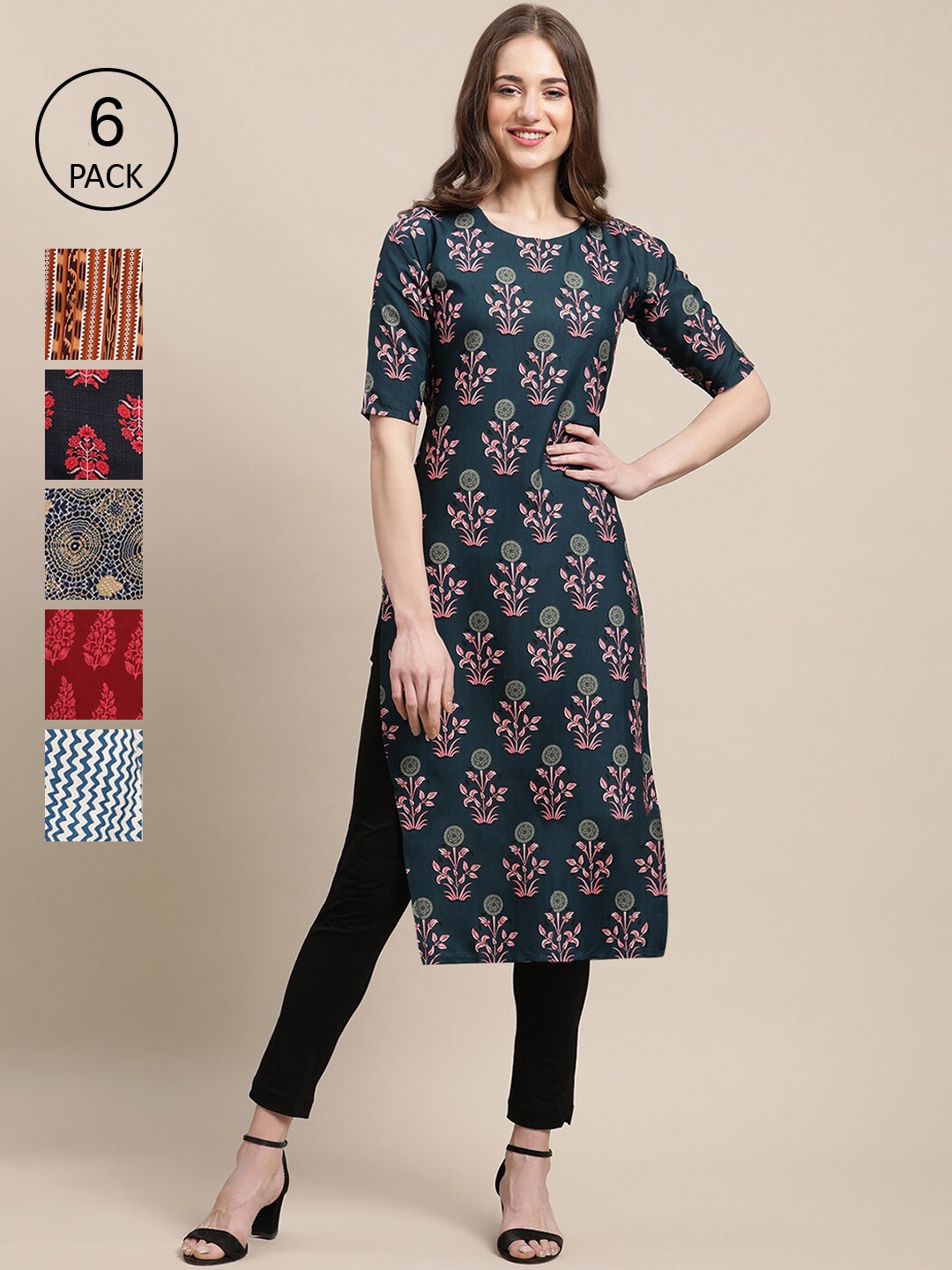 

7Threads Women Pack of 6 Printed Crepe Kurtas, Green