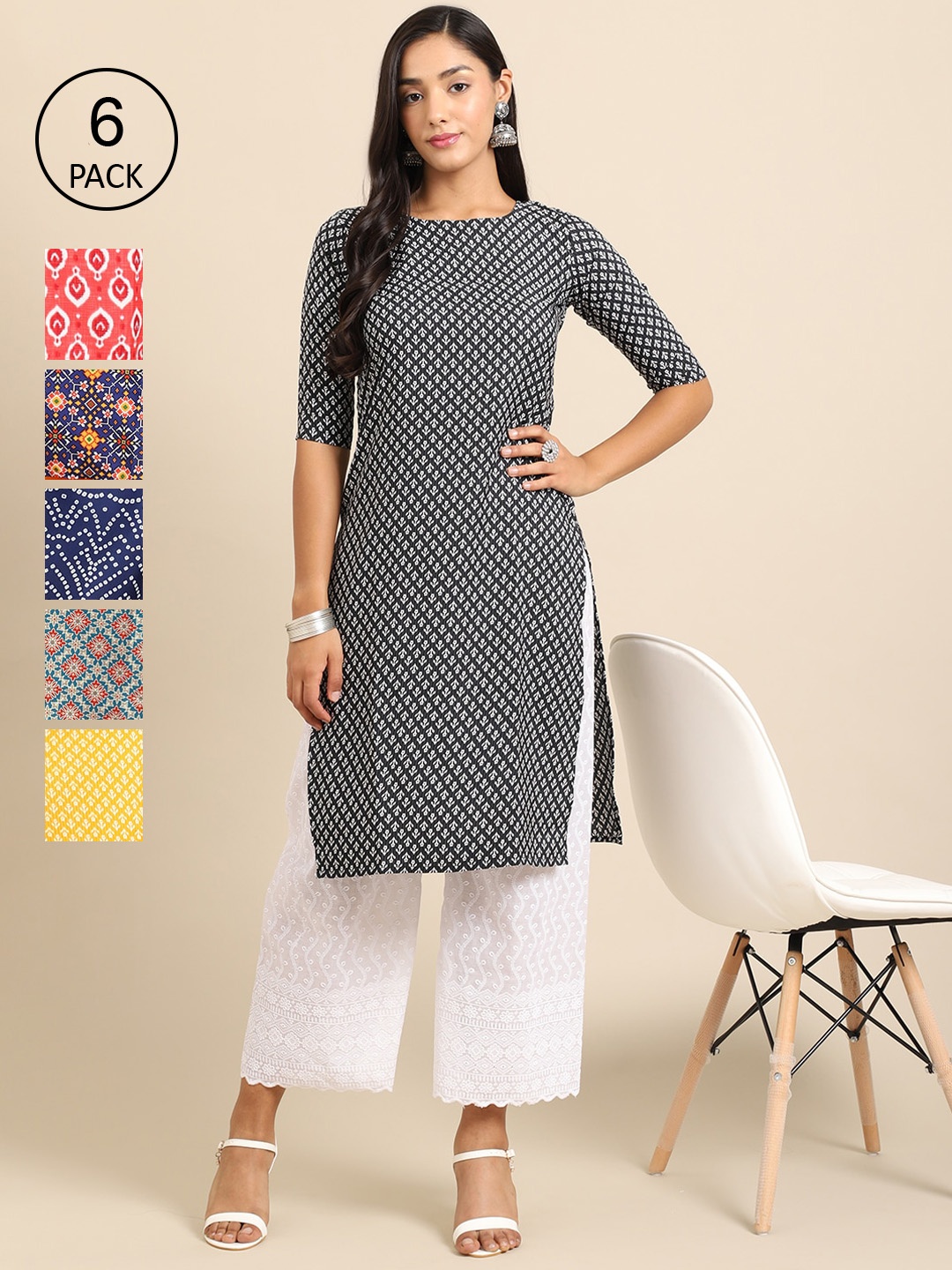 

7Threads Women Pack of 6 Printed Crepe Kurta, Black