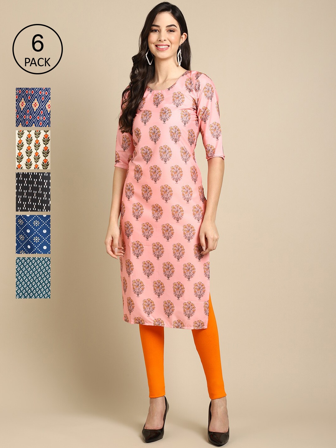 

7Threads Women Pack Of 6 Printed Summer Sheers Crepe Kurta, Blue