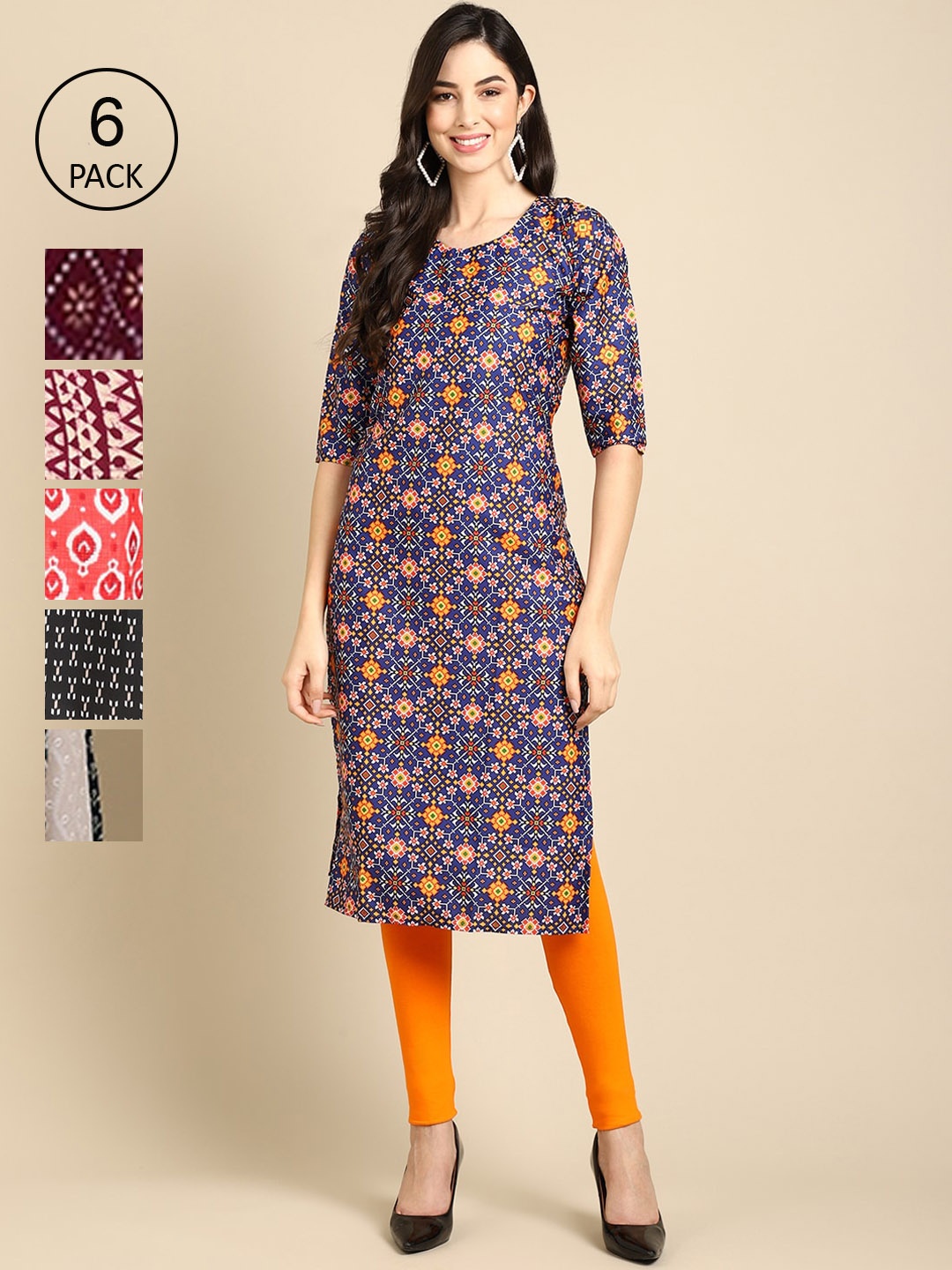 

7Threads Women Pack Of 6 Printed Summer Sheers Crepe Kurta, Maroon