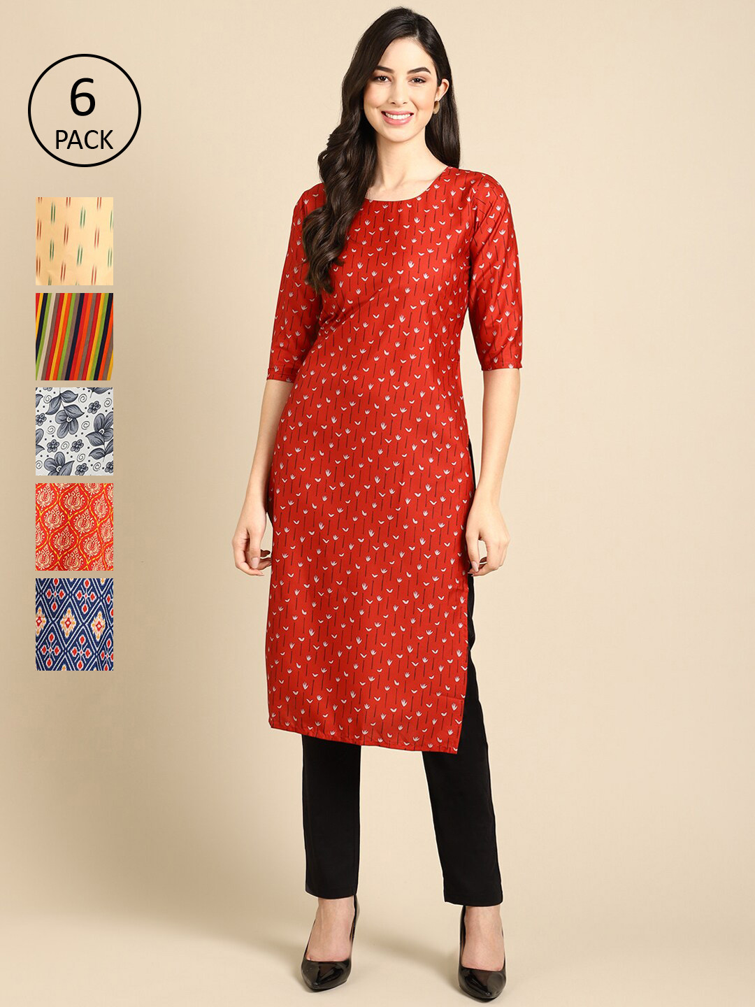 

7Threads Women Pack of 6 Ethnic Motifs Printed Summer Sheers Crepe Kurta, Red